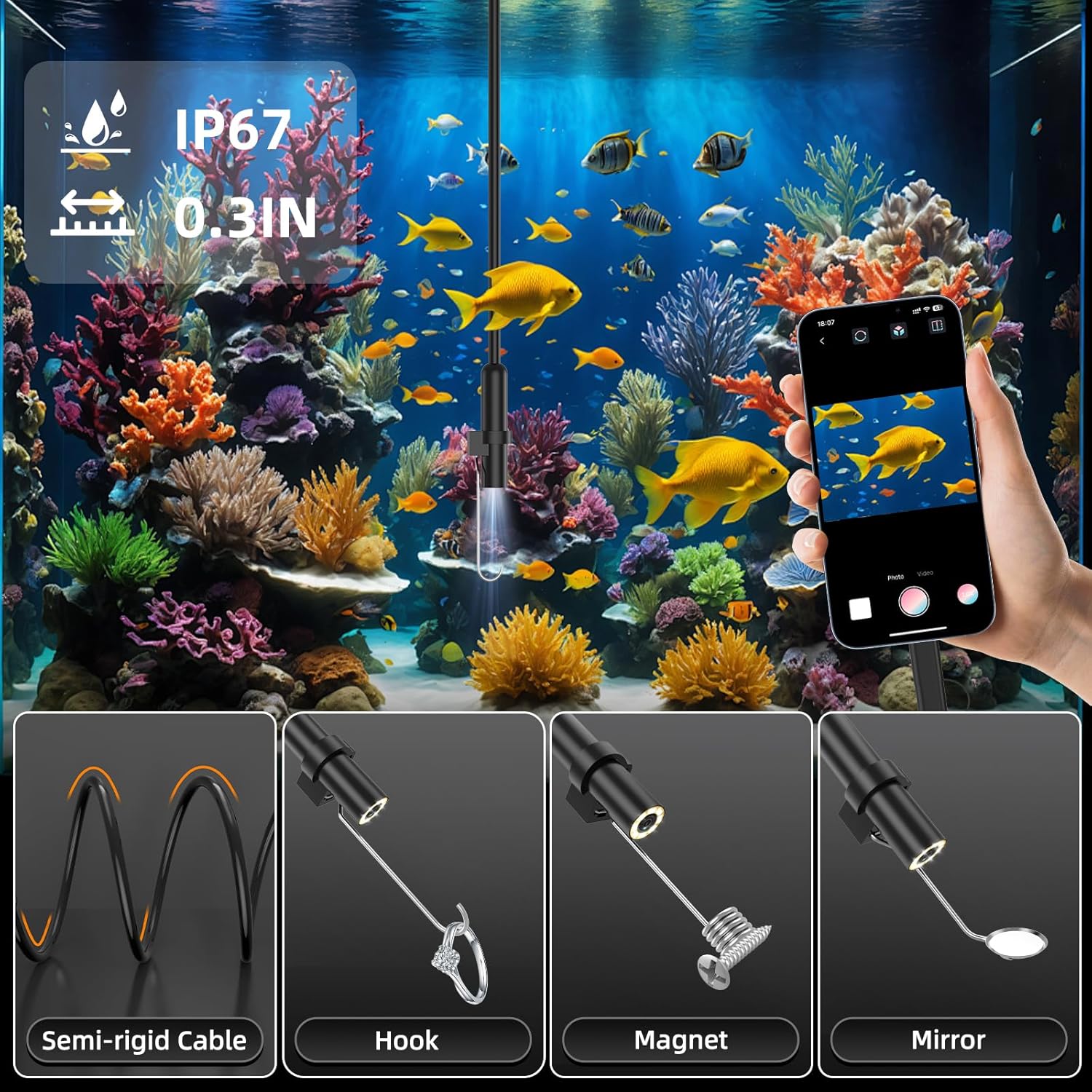 Detalle 2 de Ferdiiz Endoscope Inspection Camera with Lights, 1920P HD Inspection Camera, IP67 Borescope 16.5ft Flexible Cable, with 160cm Retractable Pipe Cleaner Claw Grabber, Hair Clog Remover, iOS9+ Android 6+
Ferdiiz Endoscope Inspection Camera with Li…