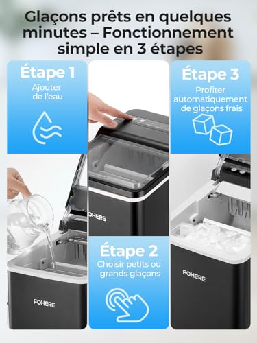 Detalle de FOHERE Machine à Glaçons avec Poignée Portable – 14 kg/jour, 9 glaçons bullet en 5 minutes, auto-nettoyante