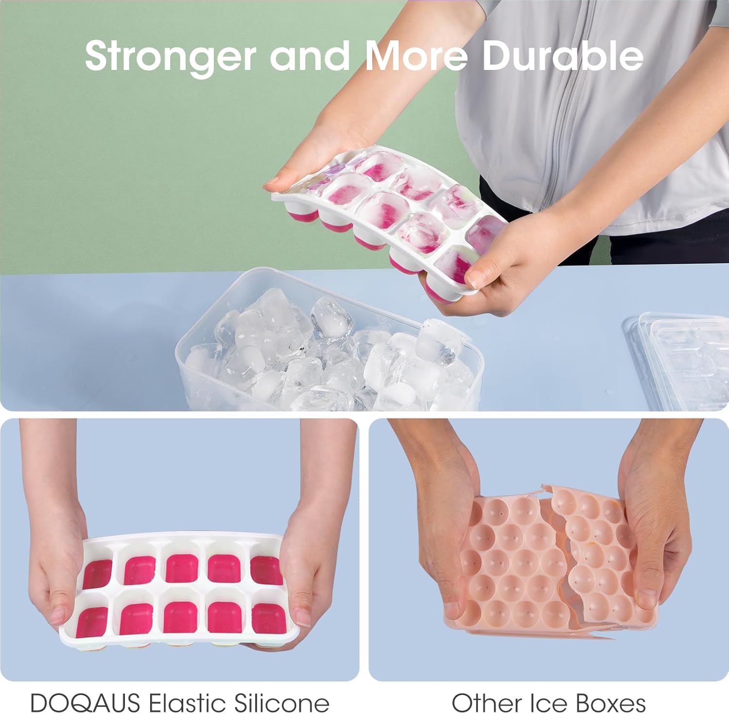 Detalle 2 de DOQAUS 4-Pack Ice Cube Trays with Lid and Bin – Stackable Silicone Ice Tray System