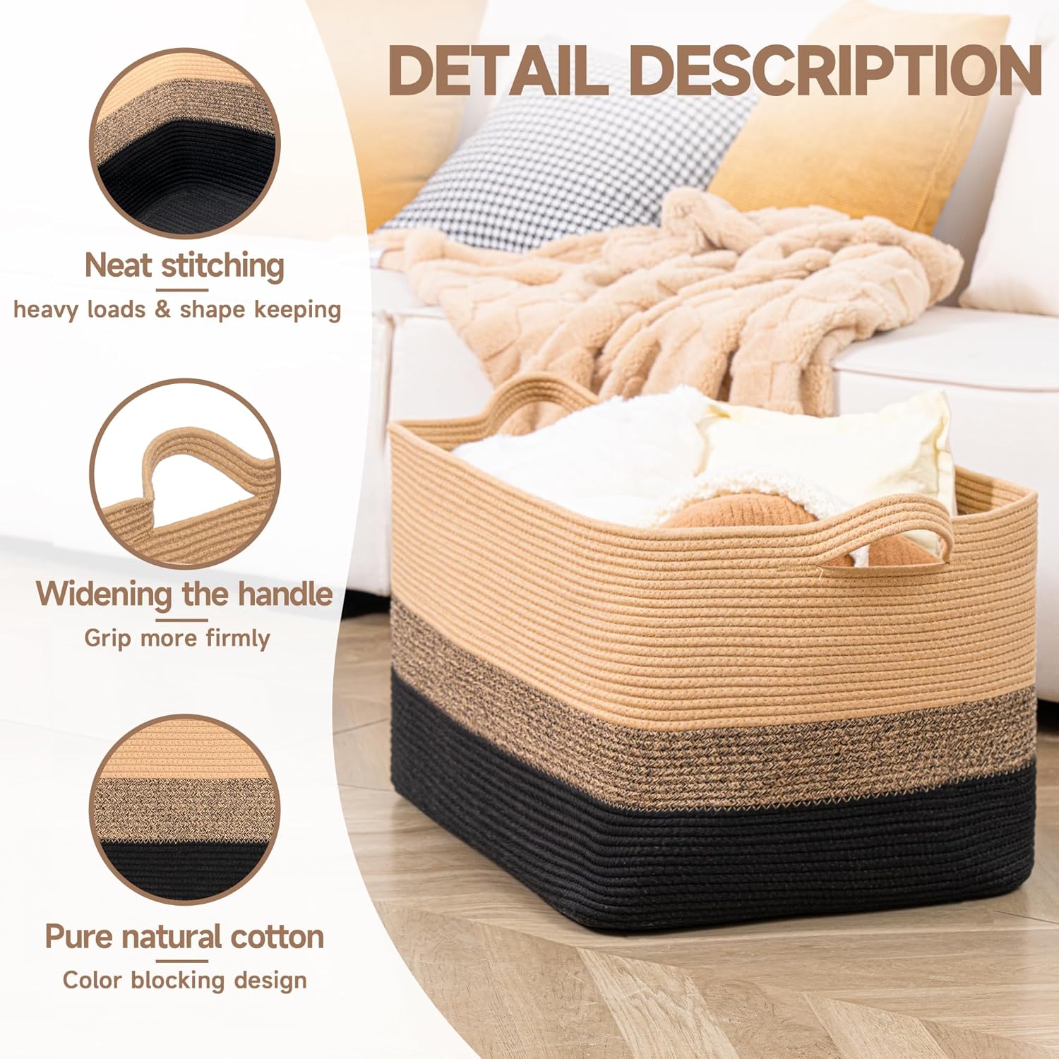 Thumbnail 2 de CLHMILY&Z Stylish Square Cotton Rope Storage Basket (Black & Camel, 85L)