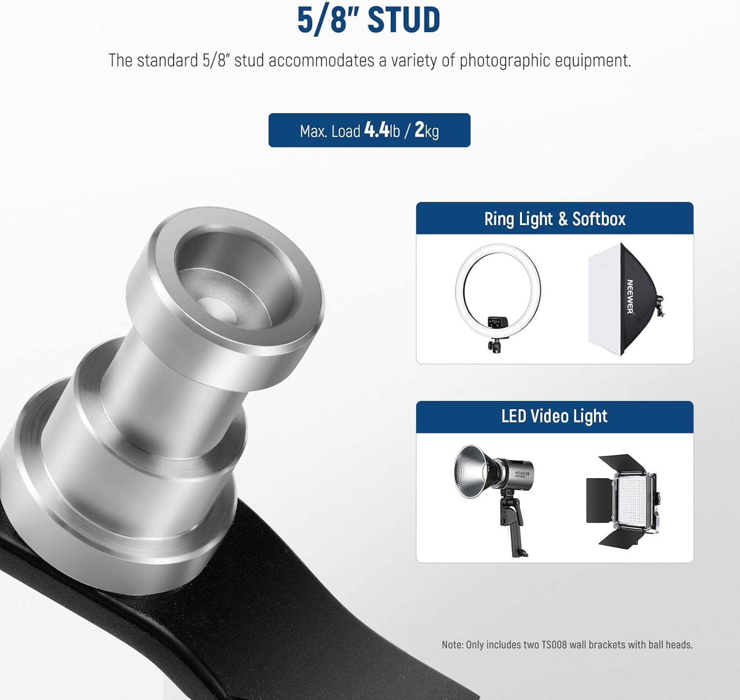 Detalle de NEEWER TS008 : lot de 2 supports muraux Type T avec rotule amovible (charge max 2 kg)