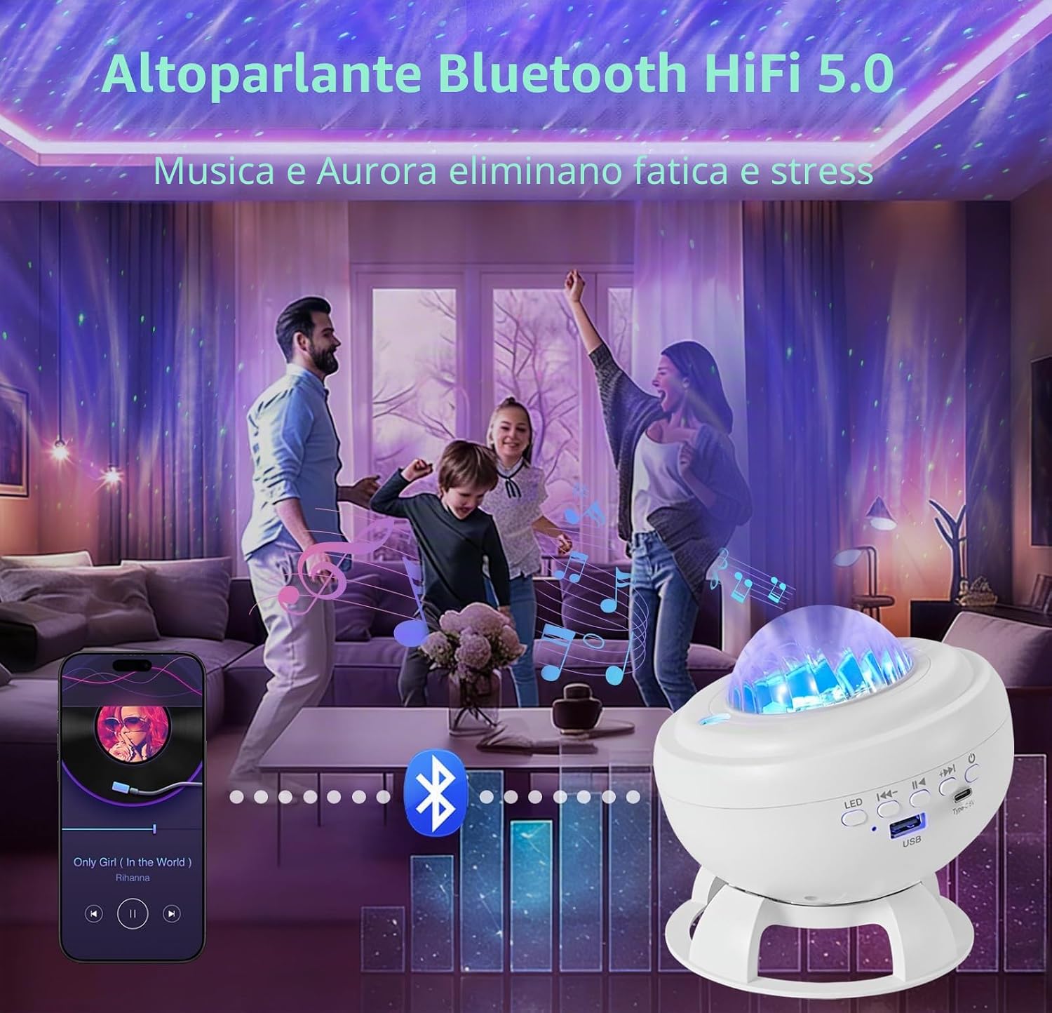 Detalle de Proiettore Stelle Soffitto LED con Lettore Bluetooth: 8 animazioni aurora boreale, altoparlante integrato e ricaricabile