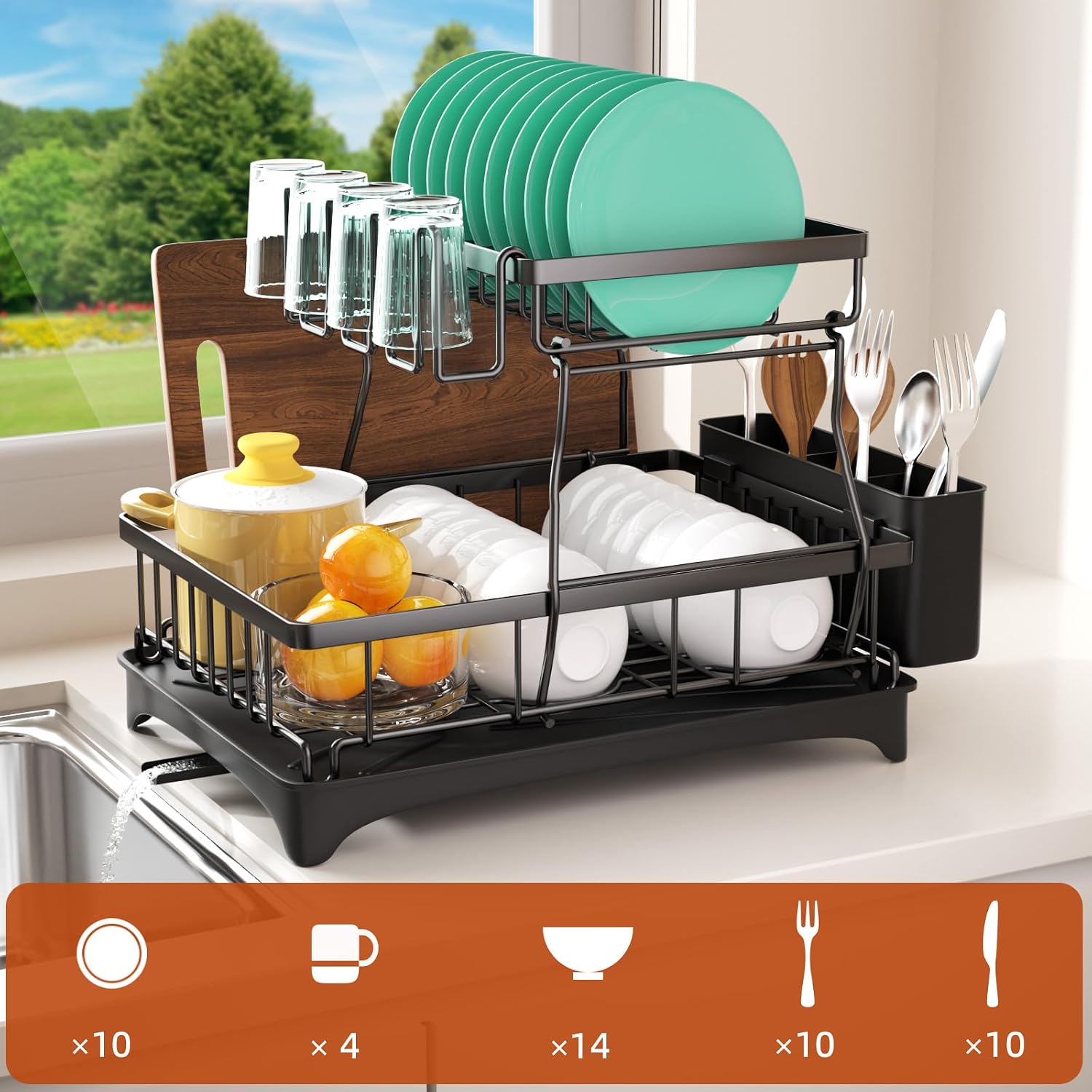 Thumbnail 1 de Godboat 2-Tier Dish Drying Rack with Auto-Drain Tray and Mat (Kitchen Counter Dish Drainer)