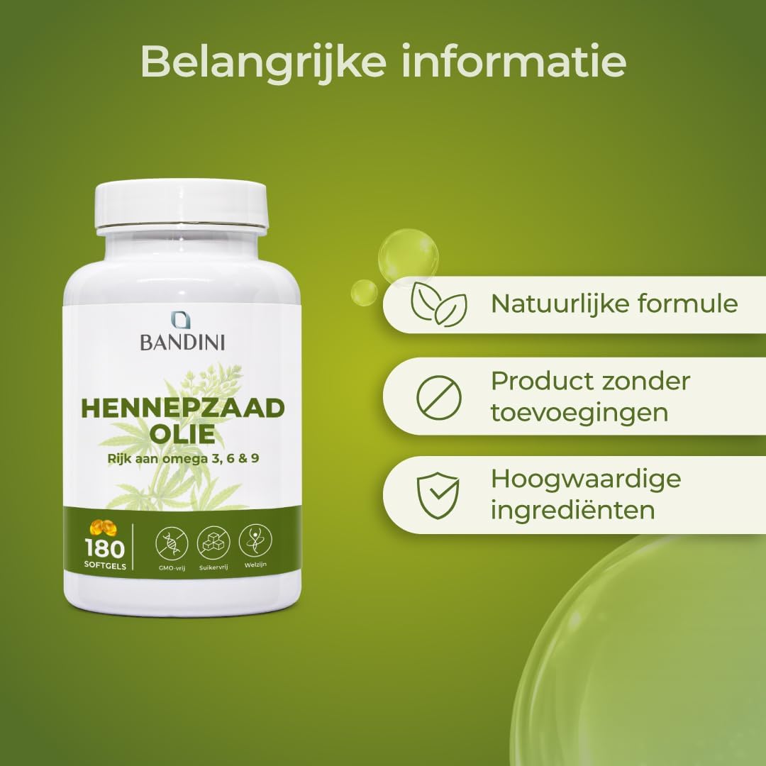 Detalle 2 de BANDINI Hennepzaadolie 1000 mg, 180 vegan softgels met omega 3, 6 en 9