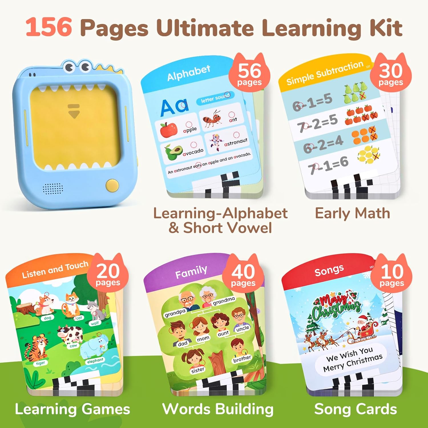 Detalle 2 de JoyCat Kids Learning Tablet (screen-free) with 156 tap-to-read flash cards and 20 listen & find games