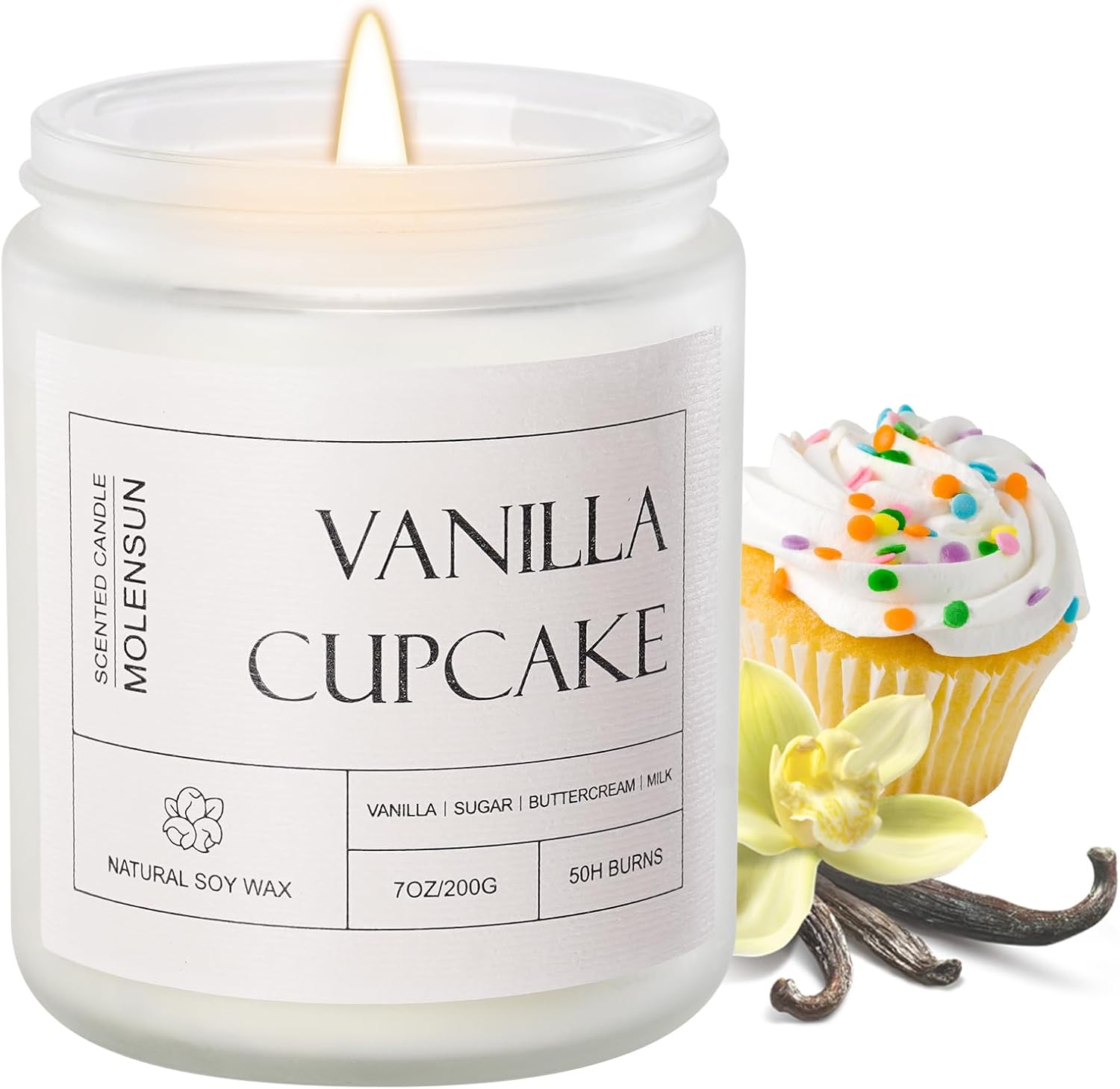 Detalle de Molensun Vanilla Cupcake Scented Candle — 7 oz Soy Jar for Relaxation and Ambiance