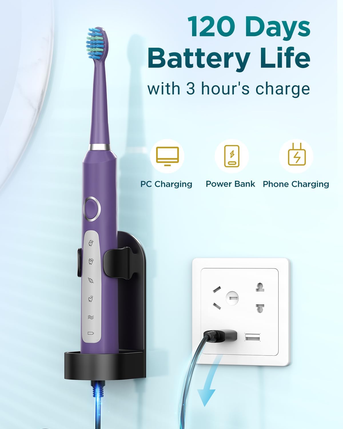 Thumbnail 4 de Sonic Electric Toothbrush for Adults and Kids — 8 Brush Heads, 5 Modes, 120 Days of Use
