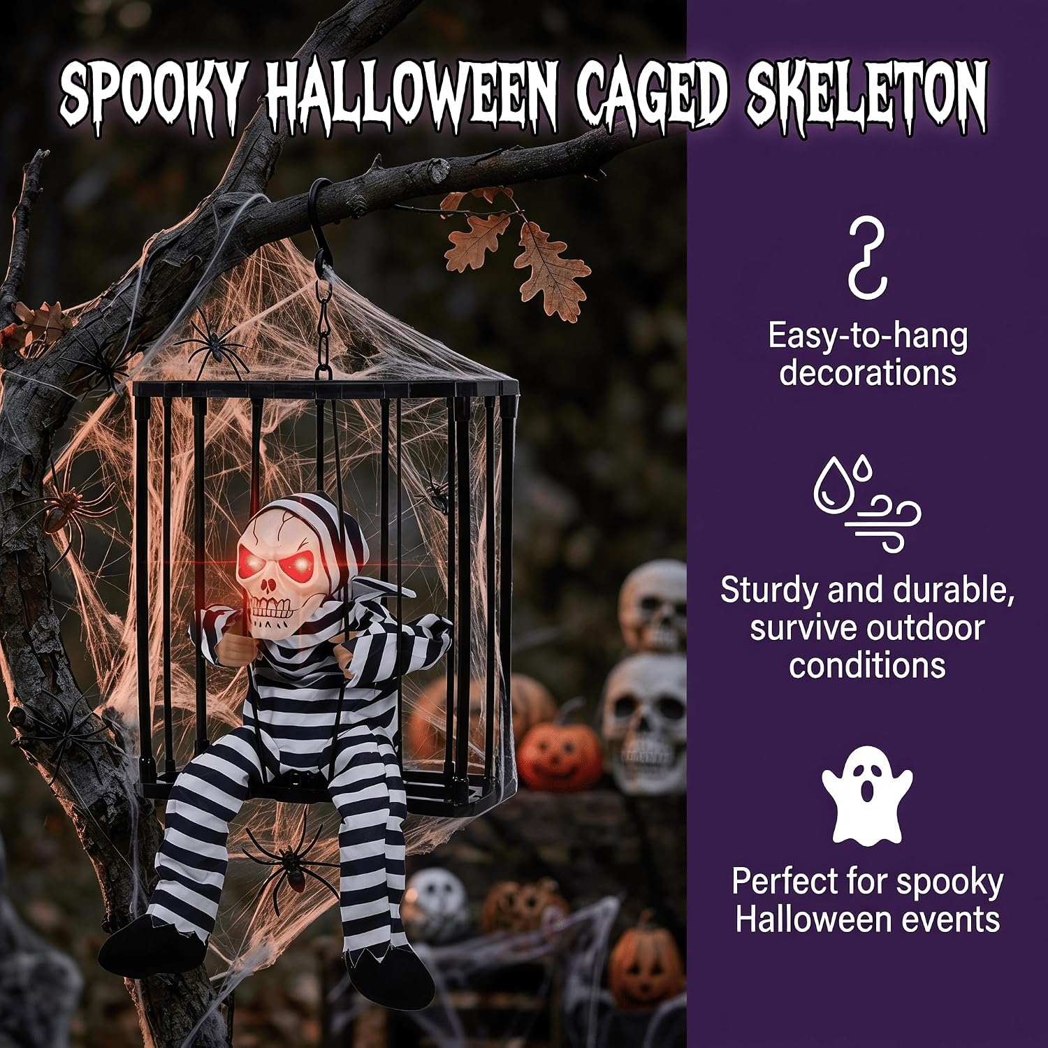 Detalle de Kendane CA-100 Caged Skeleton Halloween Decoration with Motion-Activated Red Eyes