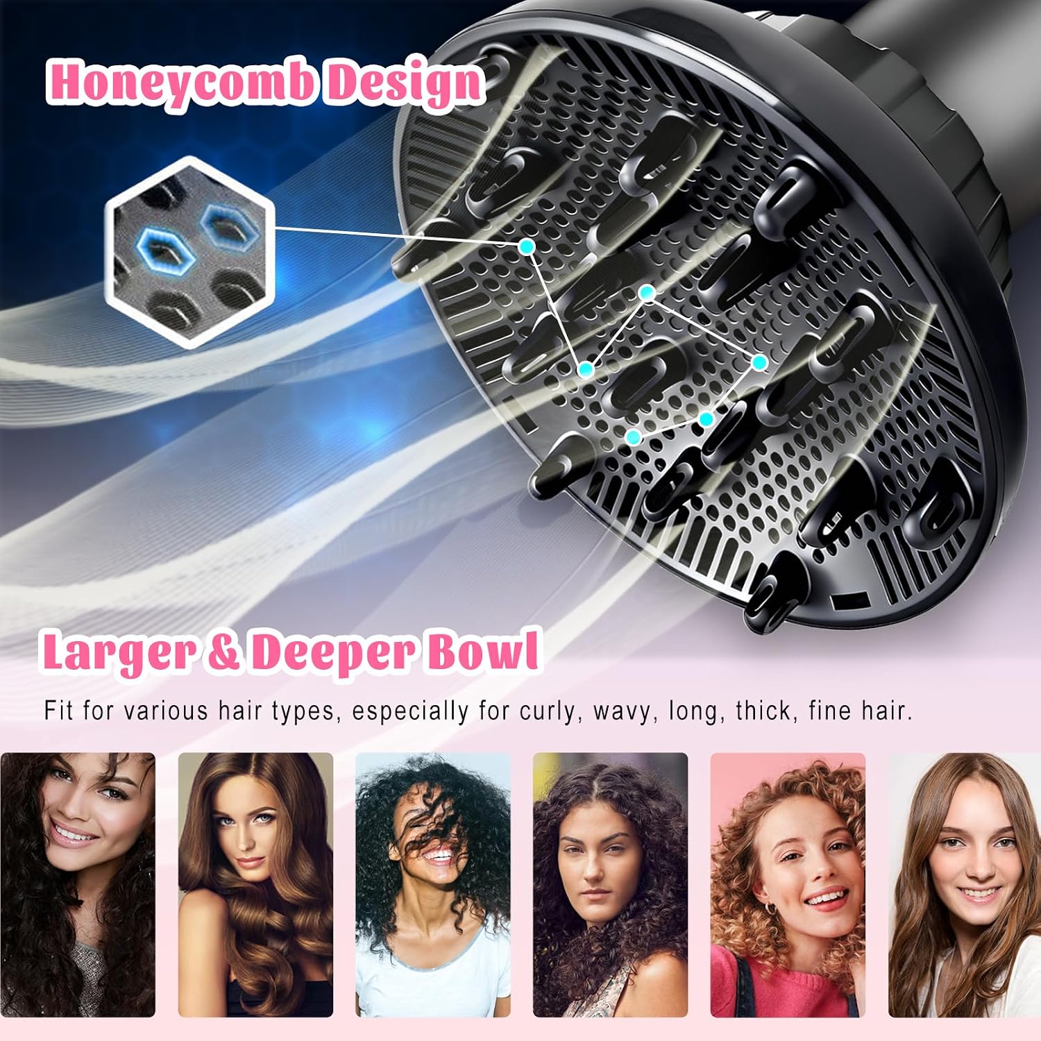 Detalle de Universal Hair Diffuser for 1.4"-3.1" Blow Dryers (Black) — Fits Most Nozzles, Reduces Frizz & Defines Curls