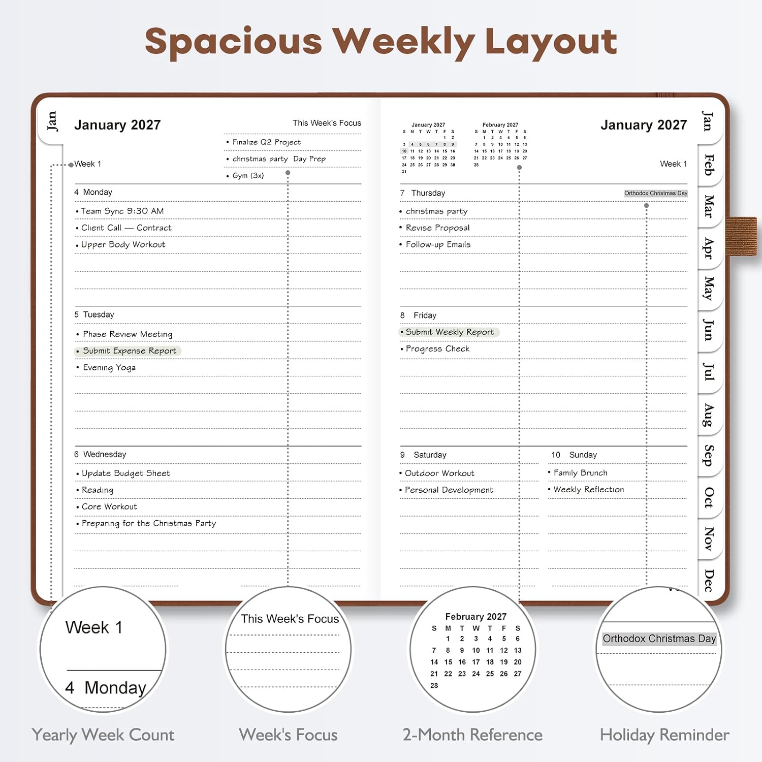 Detalle de OMEYA 2027 A5 Weekly and Monthly Planner, Brown Faux-Leather Hardcover