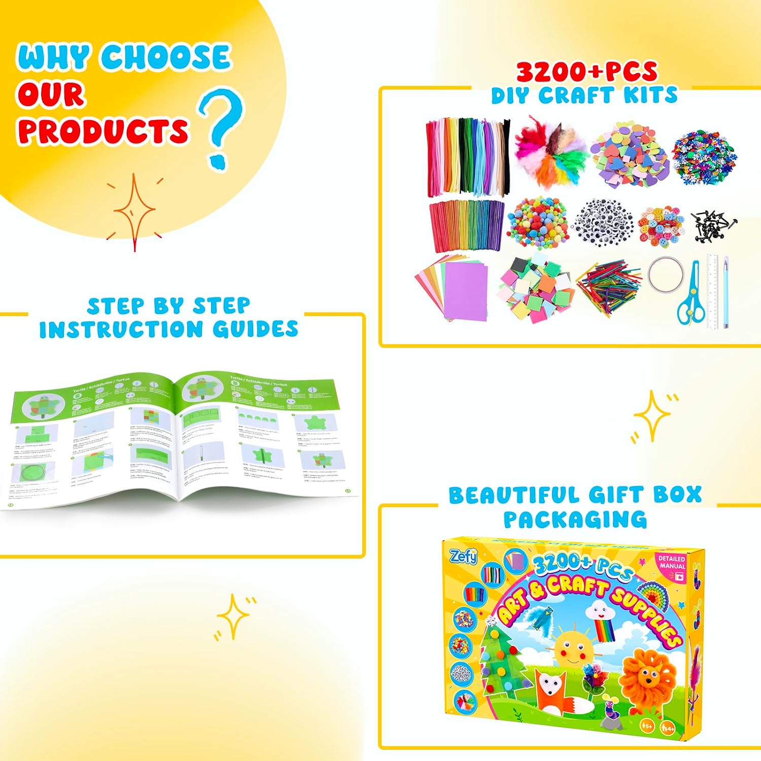 Detalle de Zefy Kinder-Bastelset „3200+ Stück“ (4–12 Jahre) mit 12 Basteldesigns – Bastelkoffer mit Zubehör