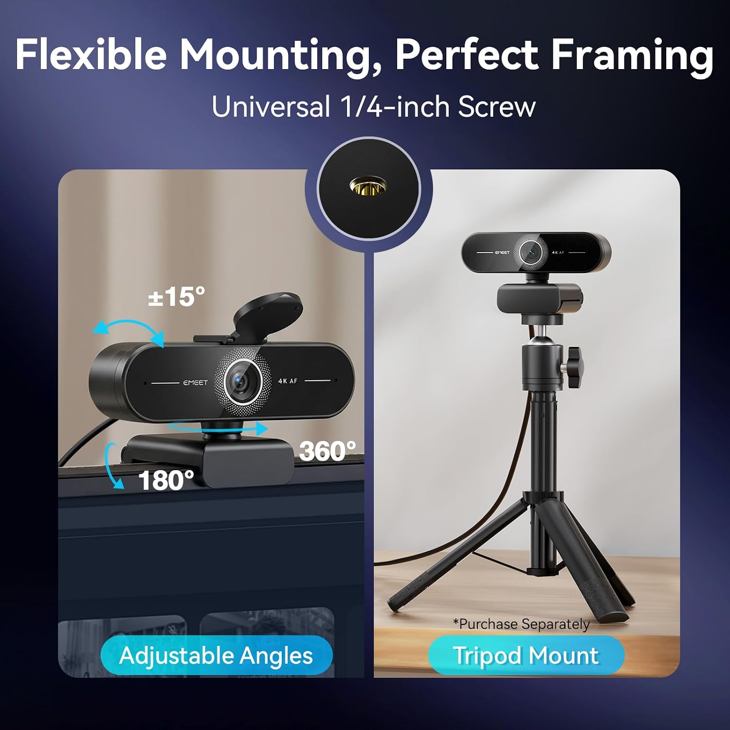 Detalle 2 de EMEET C60E 4K Webcam with PDAF Autofocus, Dual Mics and Light Correction