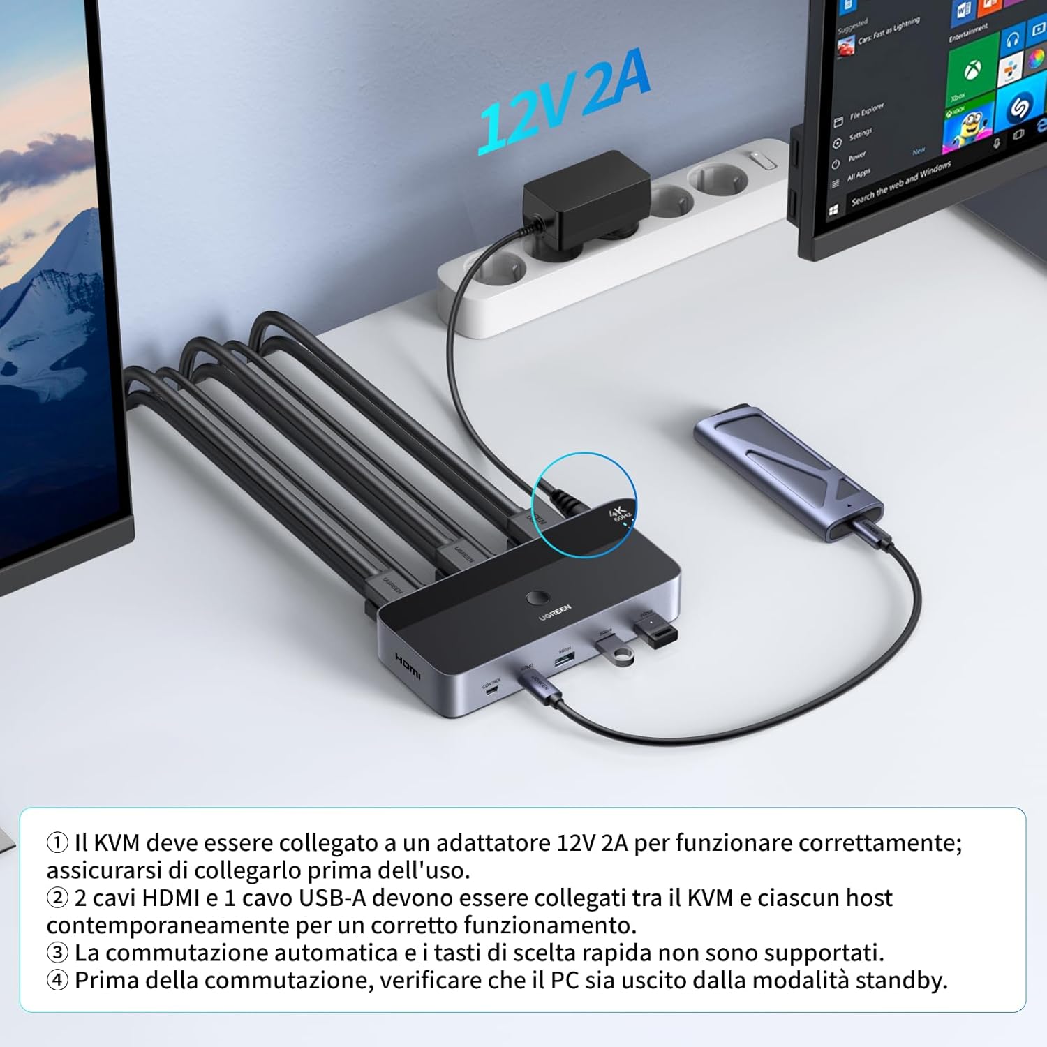 Detalle de UGREEN Switch KVM HDMI 2.0: 2 ingressi, 2 uscite 4K60Hz con 4 porte USB per due PC