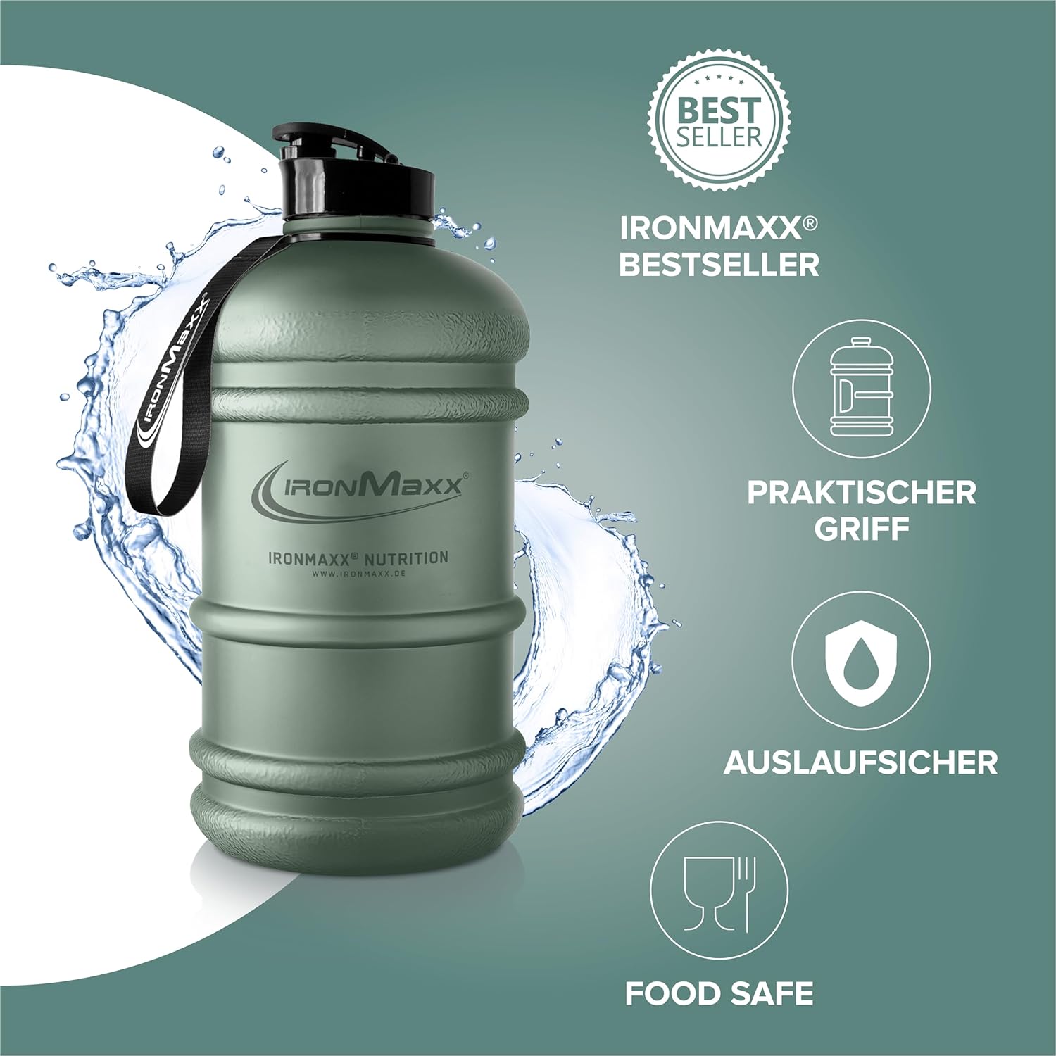 Detalle 2 de IronMaxx Water Gallon – Matt Mineral Green 2200 ml: Auslaufsicher, BPA- & DEHP-frei