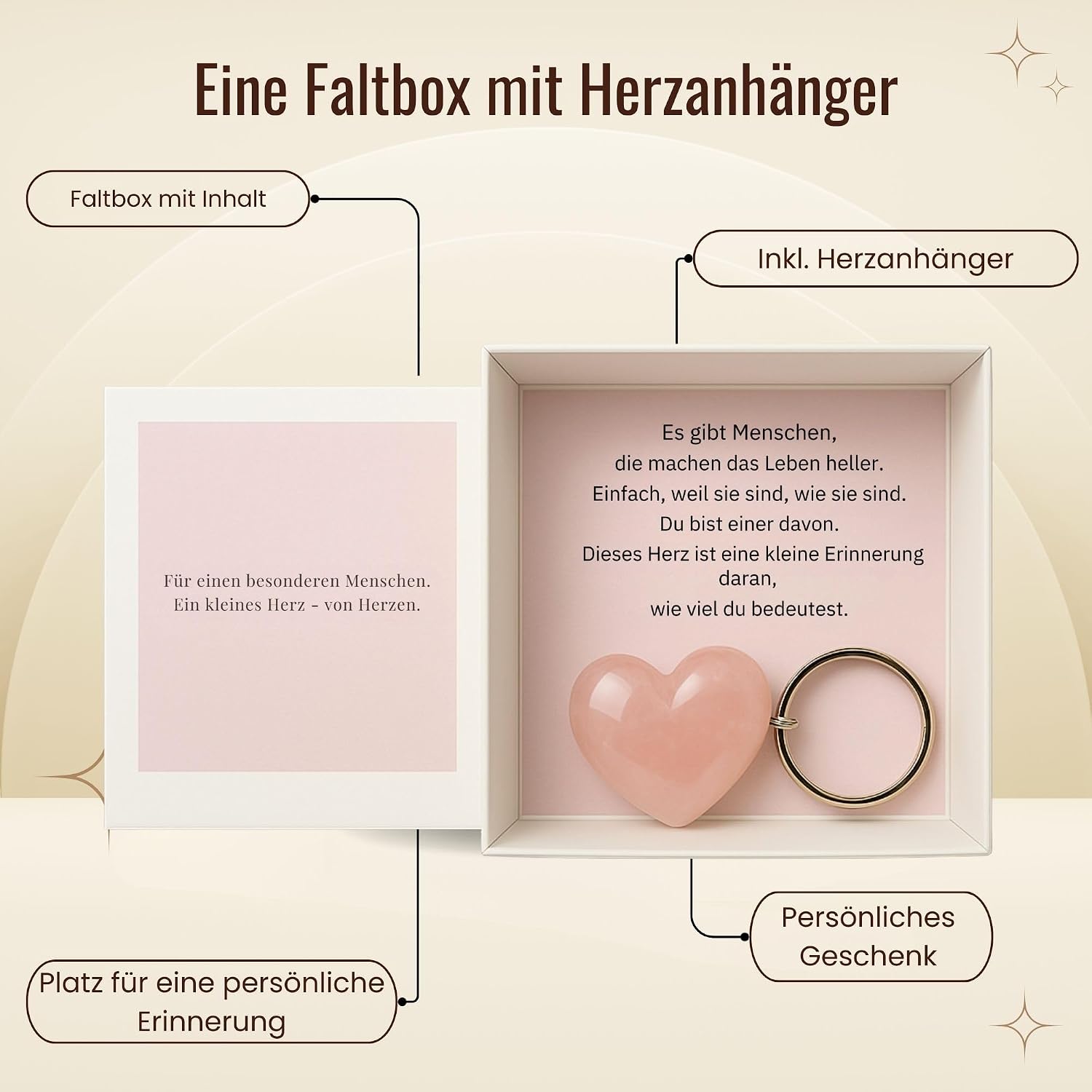 Thumbnail 1 de Milaboo handgefertigte Geschenkbox mit Herzstein-Anhänger aus Rosenquarz – persönliche Stülpbox mit Botschaft