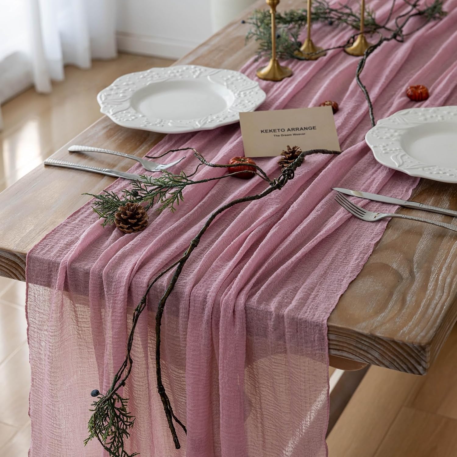 Thumbnail 6 de Keketoarrange Pink Mother's Day Cheesecloth Table Runner Set (3 Pieces, 35 x 120 inches each) for Boho Rustic Tables, 120-inch Length
