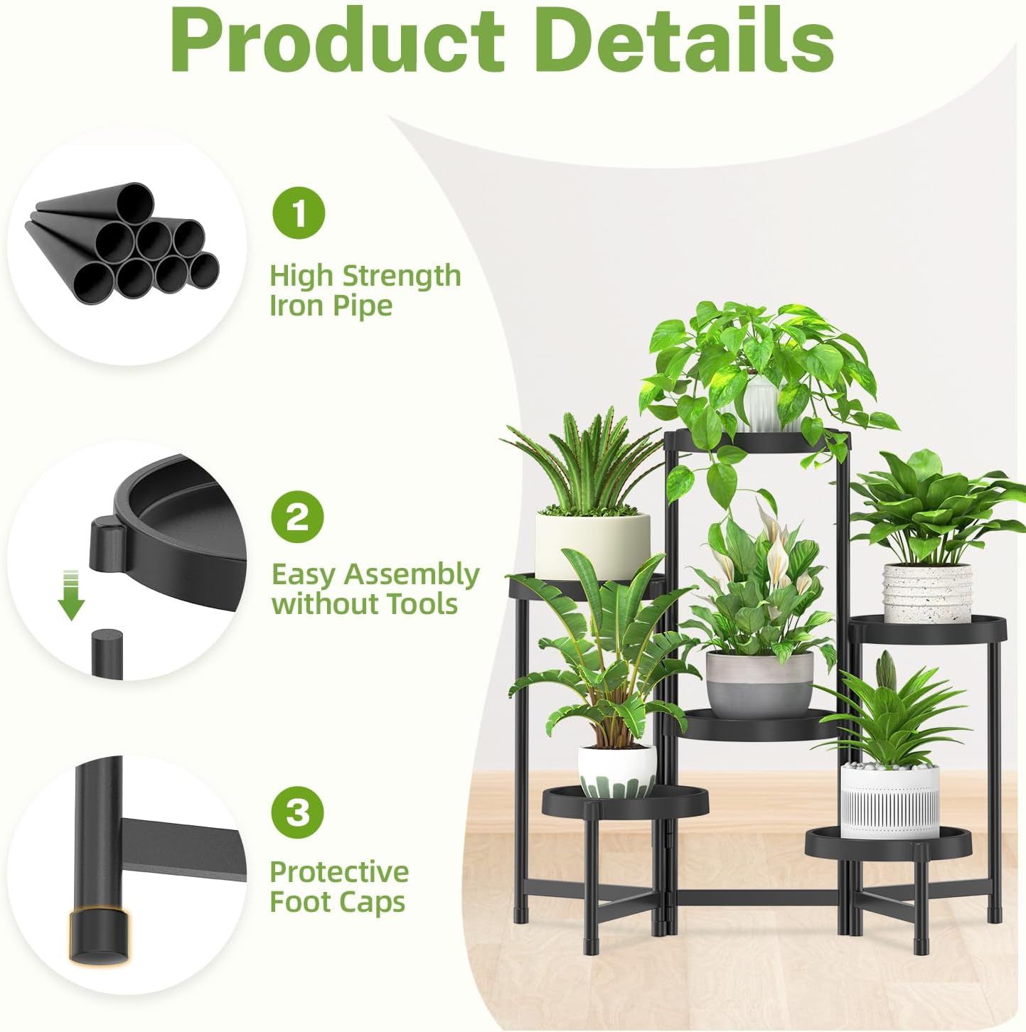 Detalle de iDavosic.ly 6-Tier Folding Plant Stand with Waterproof Plastic Trays, Black