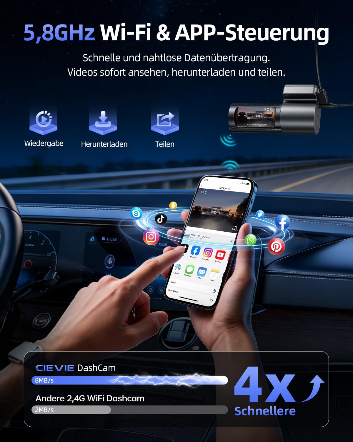Thumbnail 3 de Dashcam Auto Vorne Hinten 4K+1080P mit 5,8GHz WLAN, 170° Weitwinkel und 64GB SD (G-Sensor, 24h Parküberwachung)