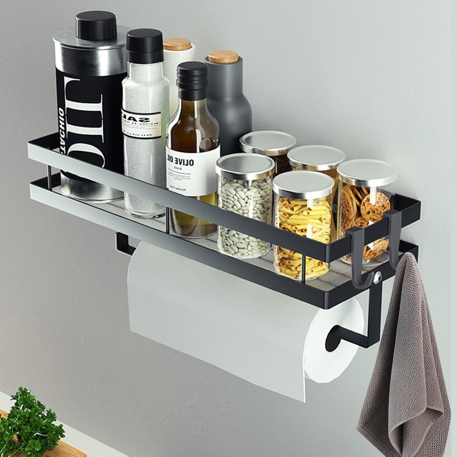Detalle de CZKDTT Kruidenrek wandrek van 35 cm met keukenrolhouder en 4 afneembare haken