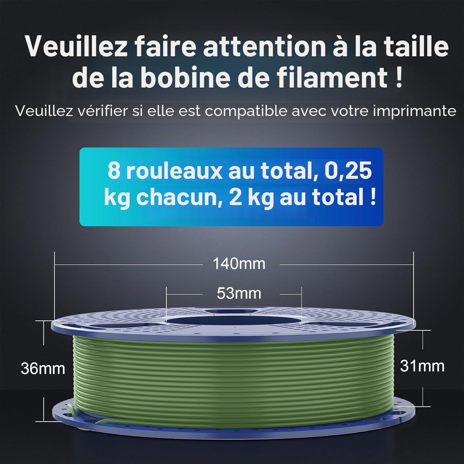Detalle de SUNLU Filament d'imprimante 3D Multicolore PLA+ 1,75 mm – Paquet 2 kg (8 bobines de 250 g) Noir, Blanc, Gris, Vert menthe, Jaune citron, Orange soleil, Rouge cerise, Bleu ciel