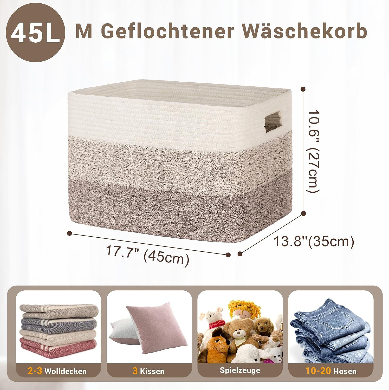 Thumbnail 6 de 45L Aufbewahrungskorb Klein aus Baumwollseil – geflochten mit Griffen, Farbverlauf Braun