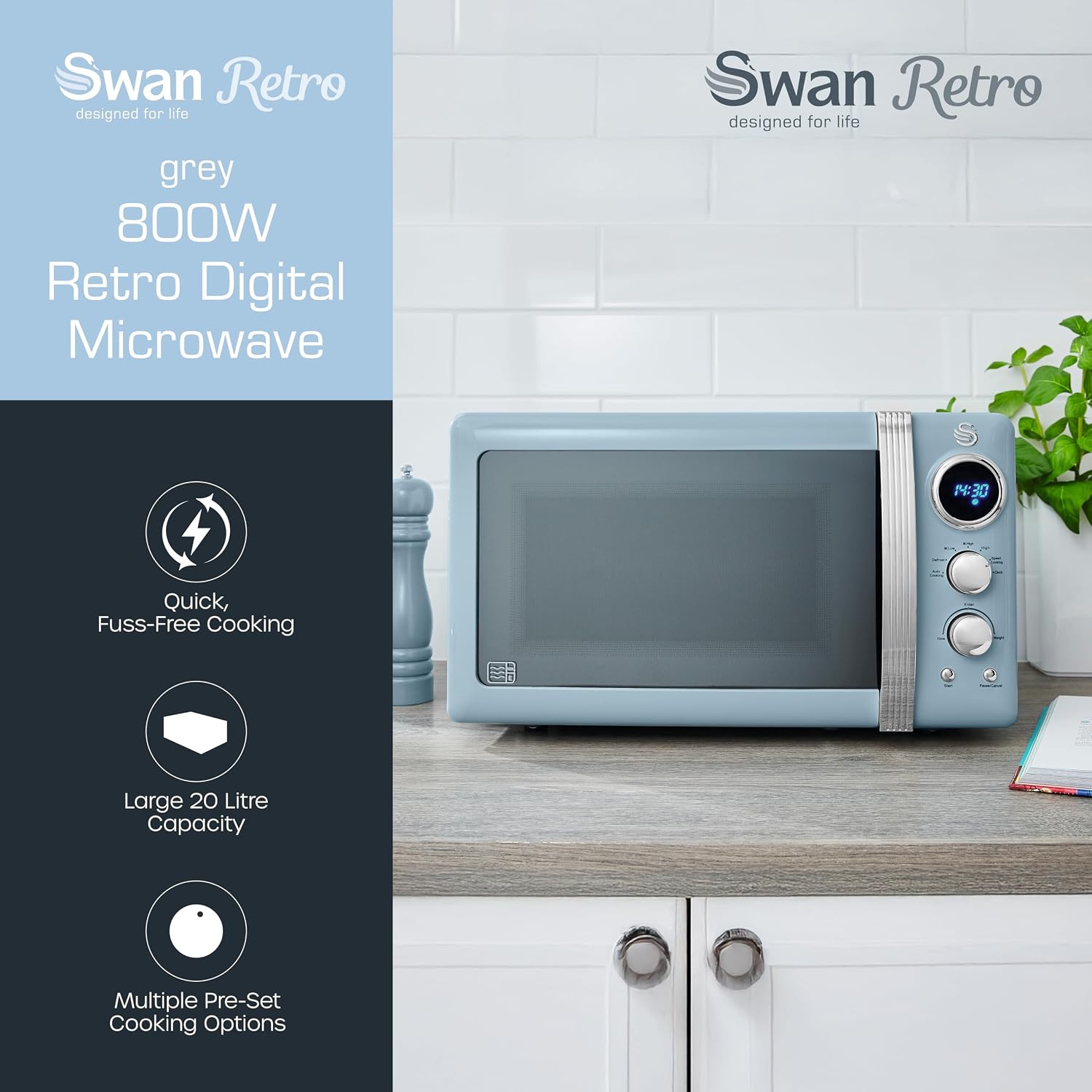 Detalle 2 de Swan Retro LED Digital Microwave Blue 20L, 800W SM22030LBLN