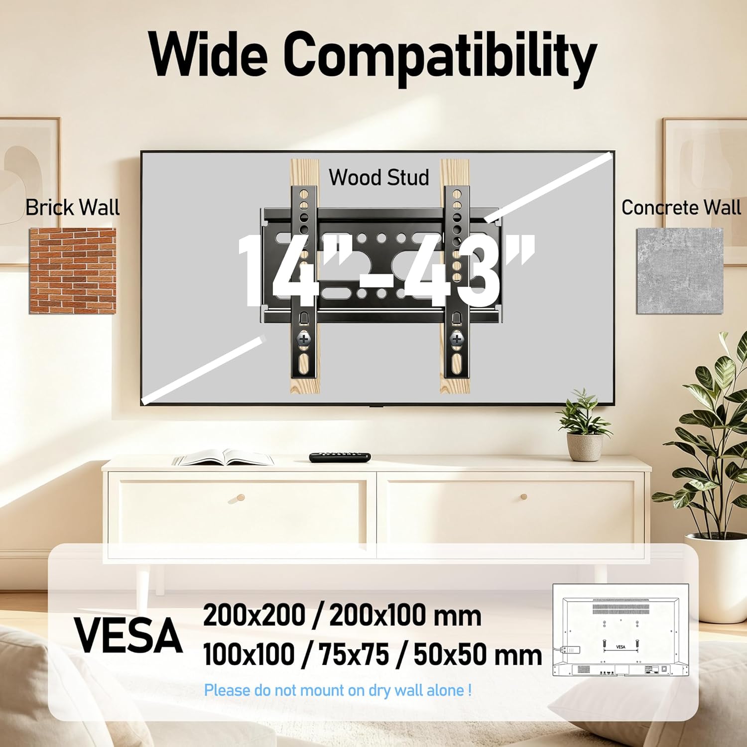 Detalle de Nuyoah Low-Profile Universal TV Wall Mount Bracket for 14–43 Inch Displays
