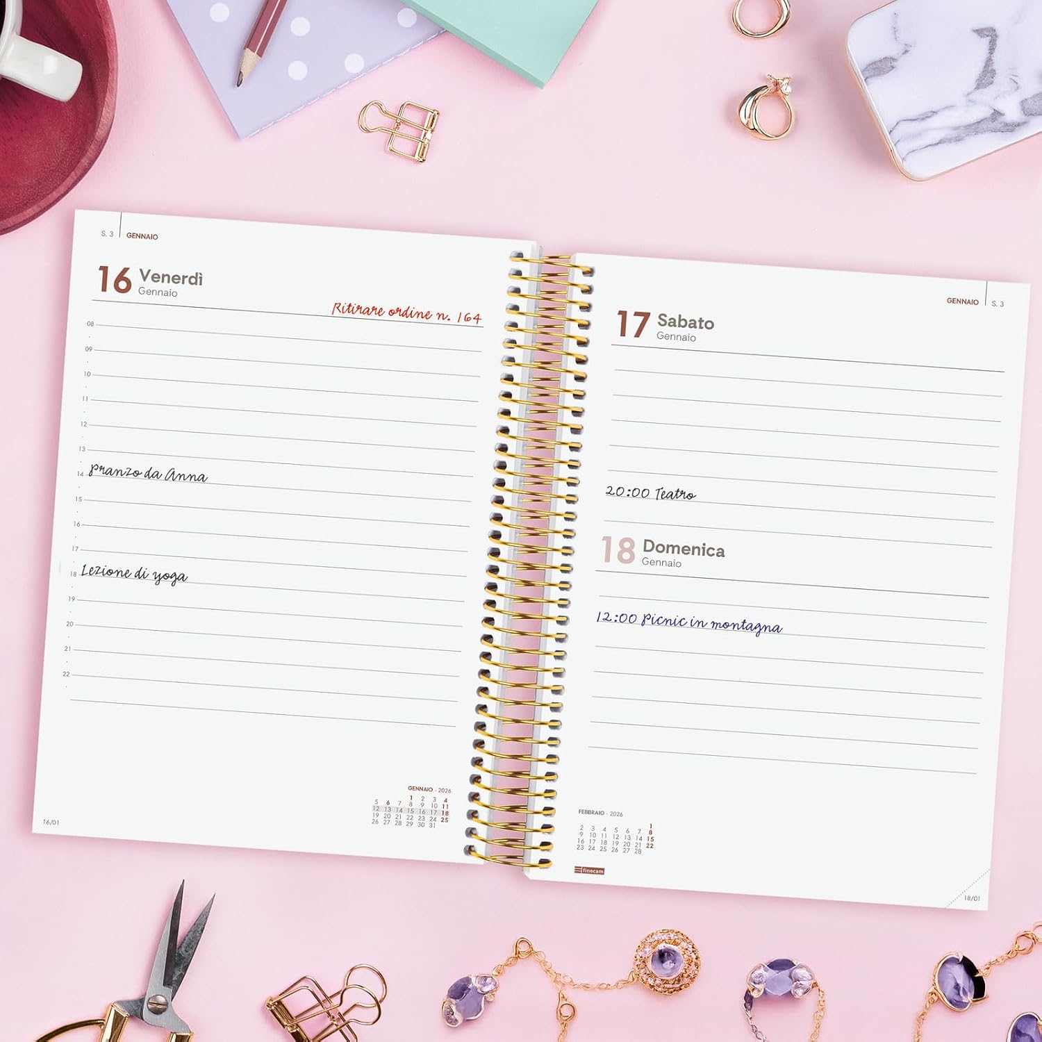 Detalle de Finocam Agenda Spirale 2026 “Spirale Design Collection” Goldy – 1 giorno per pagina, gennaio-dicembre
