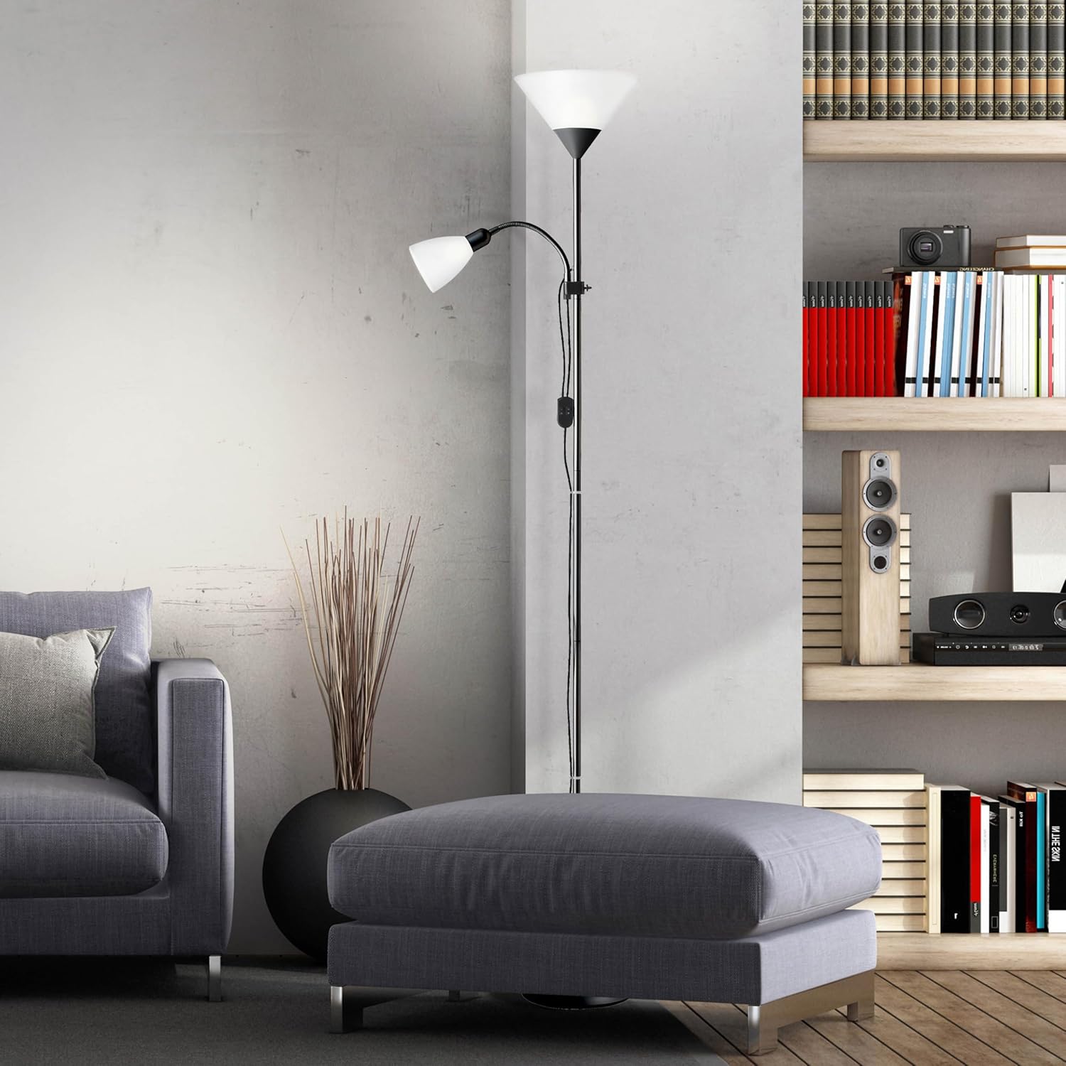 Detalle 2 de BRILLIANT Lampe Spari bras de lecture uplighter noir/blanc avec interrupteur à cordon, 1x A60 E27 jusqu’à 60 W