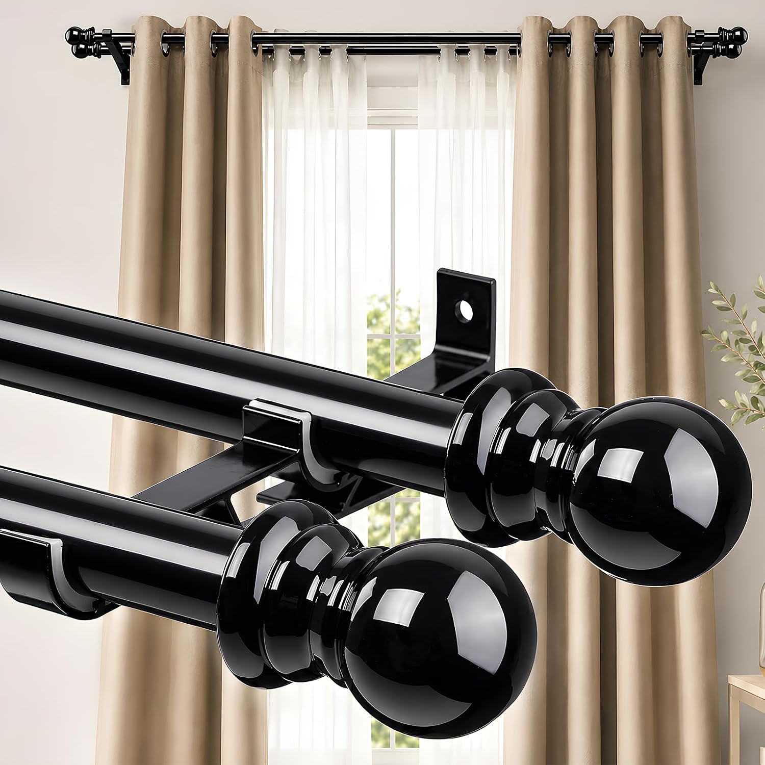 Detalle de CALCHELE Black Double Curtain Rod, 1-Inch Stainless Steel, Adjustable Wall-Mounted Set