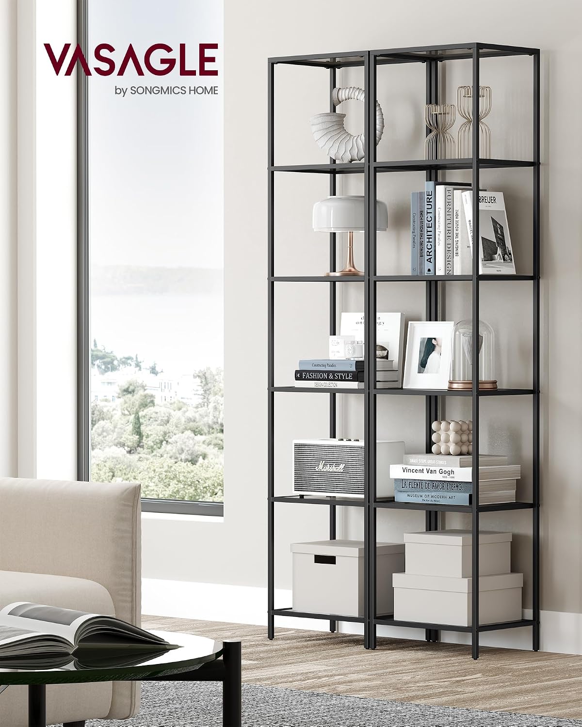 Detalle de VASAGLE LGT500G01 6-Tier Bathroom Shelf with Tempered Glass, Slate Grey