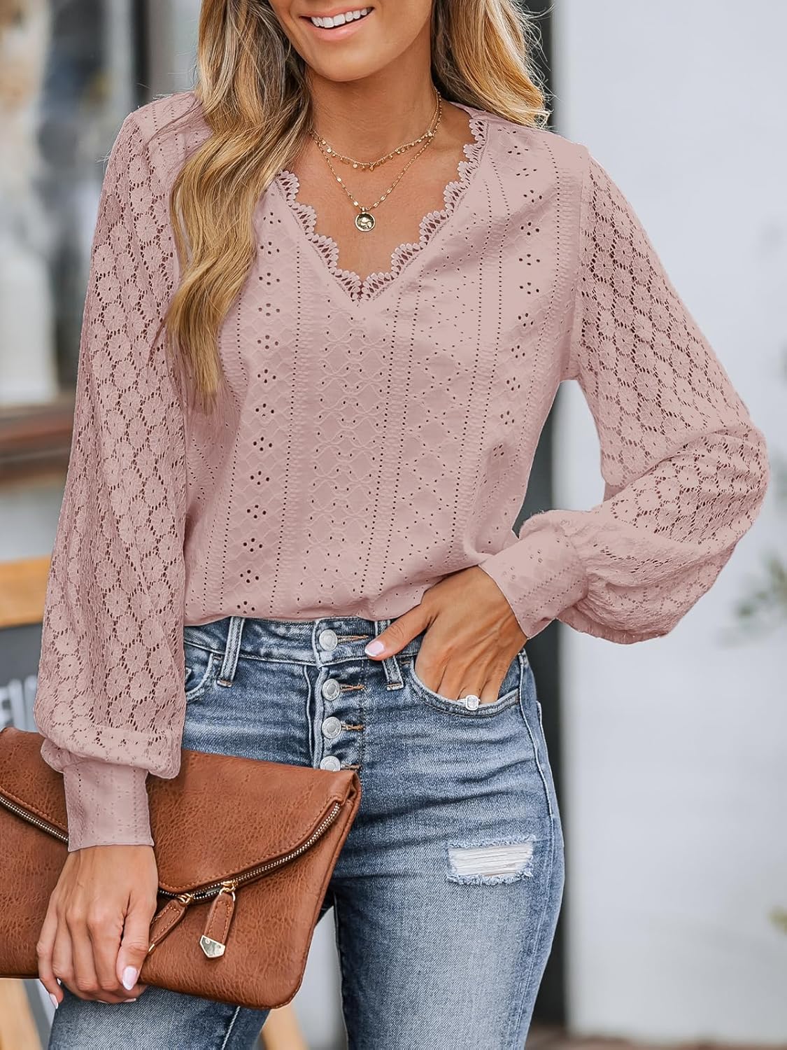 Thumbnail 4 de CUPSHE Blusa da Donna con Pizzo Intagliato e Orlo Smerlato – Maniche Larghe in Pizzo, Scollatura a V