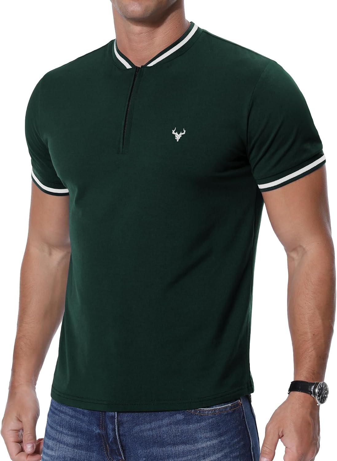 Thumbnail 6 de KUYIGO Mens Zip Henley T-Shirt Deer Head Embroidery – Regular Slim Fit