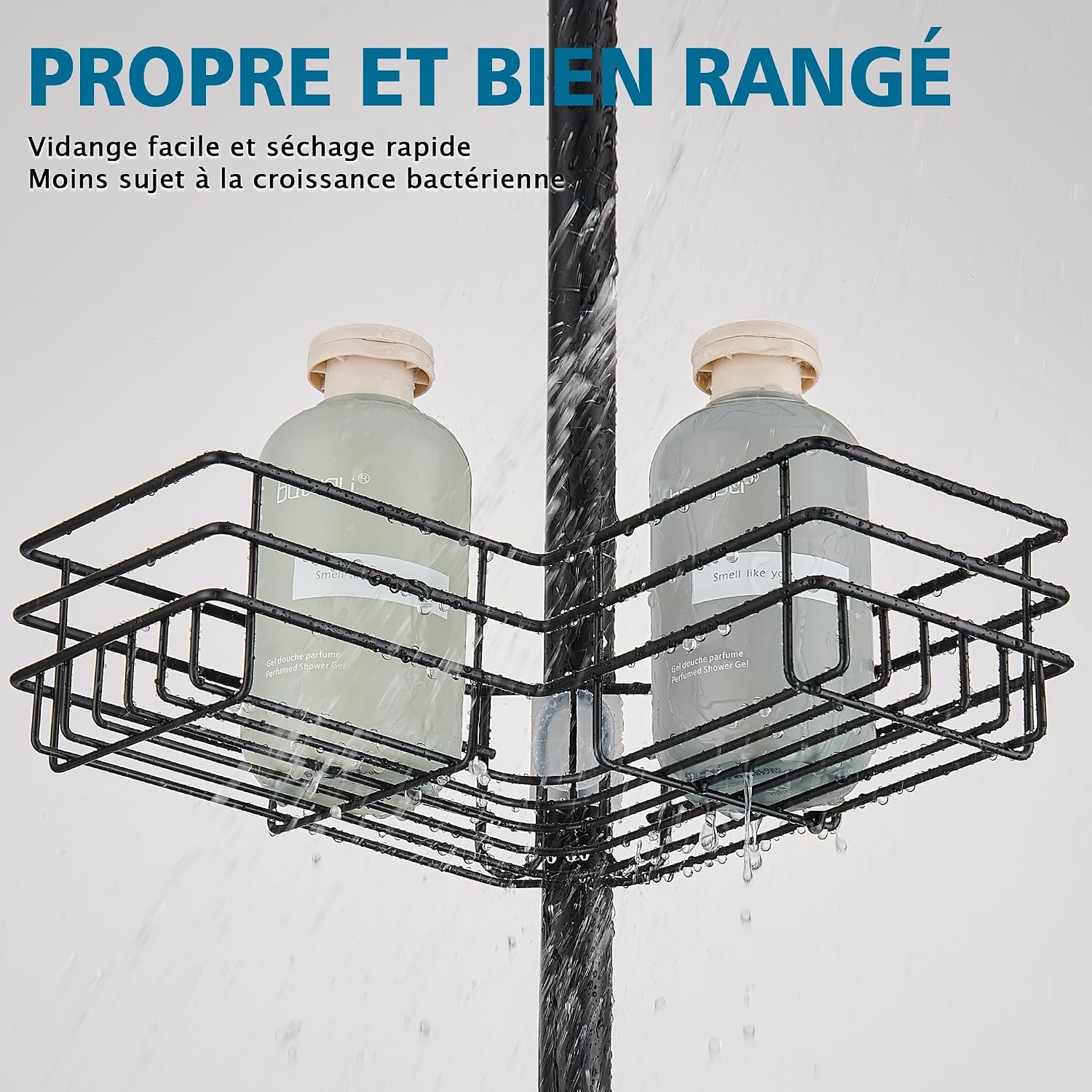 Detalle de FIISAYL étagère de douche télescopique sans perçage en acier inoxydable (4 plateaux) réglable 85–325 cm – Noir