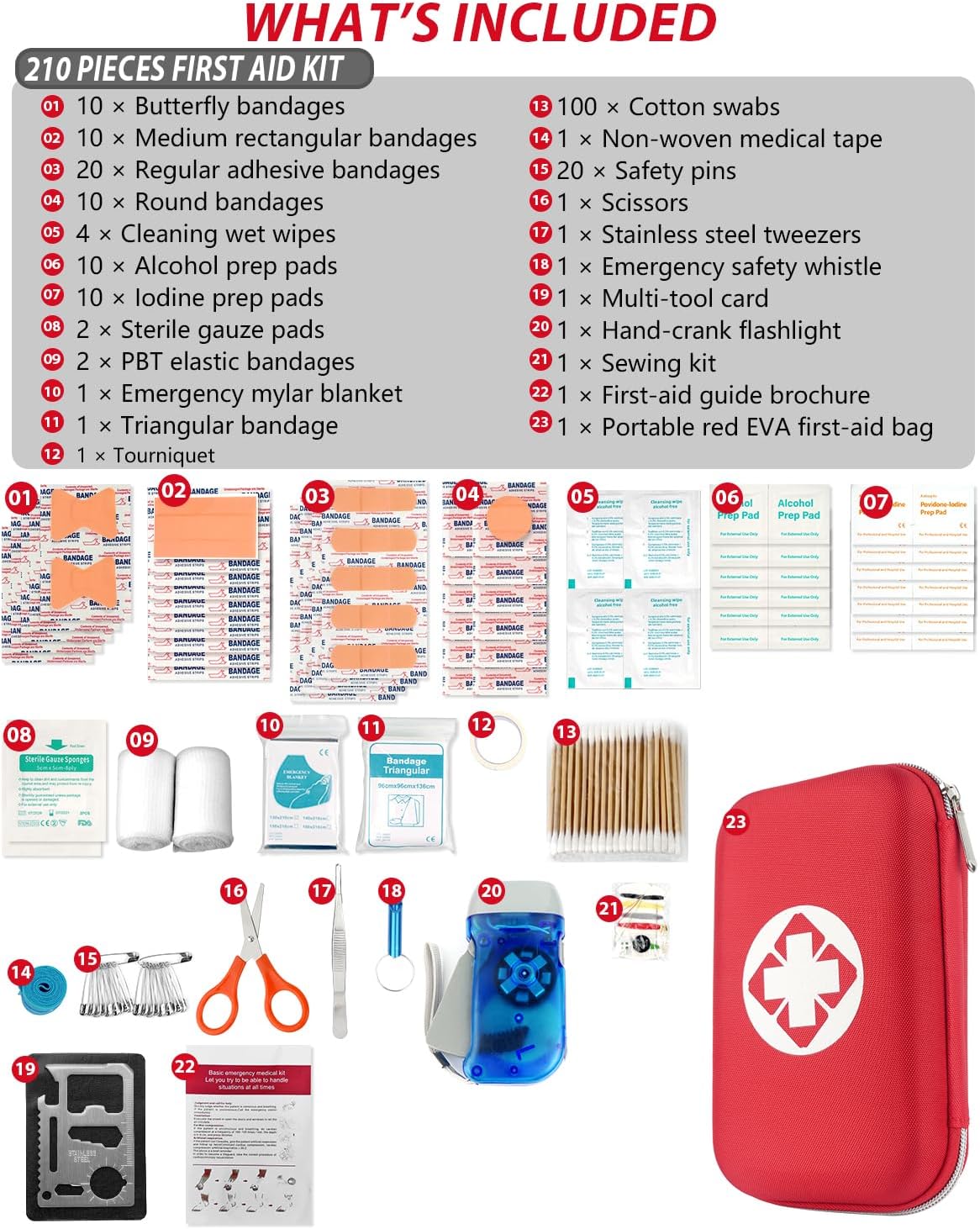 Detalle de Foscomax JJB210PCS-Red First Aid Kit, 210 Pieces, Waterproof Red Case