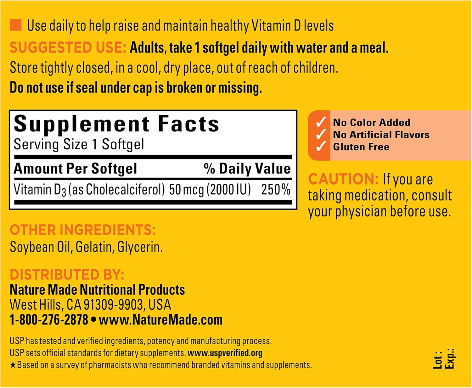 Detalle 2 de Nature Made Vitamin D3 2000 IU Softgels (50 mcg) — 250-Count