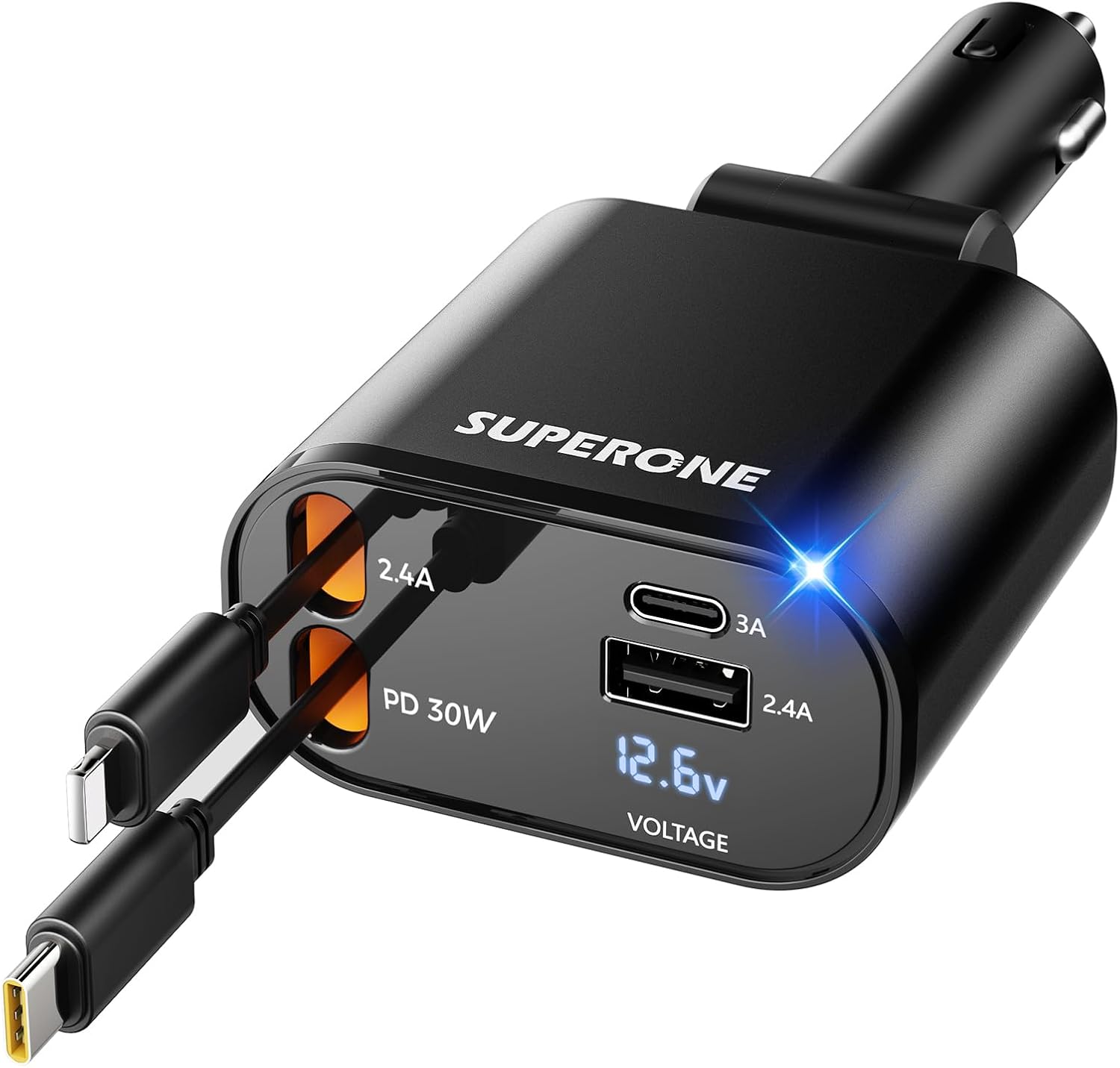 Detalle de SUPERONE PT-16 Retractable Car Charger, 4-in-1, 60W, Dual Cords