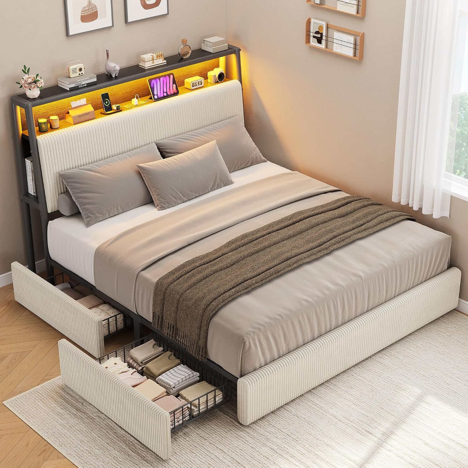 Detalle de Full LED Bed Frame with Corduroy Upholstery