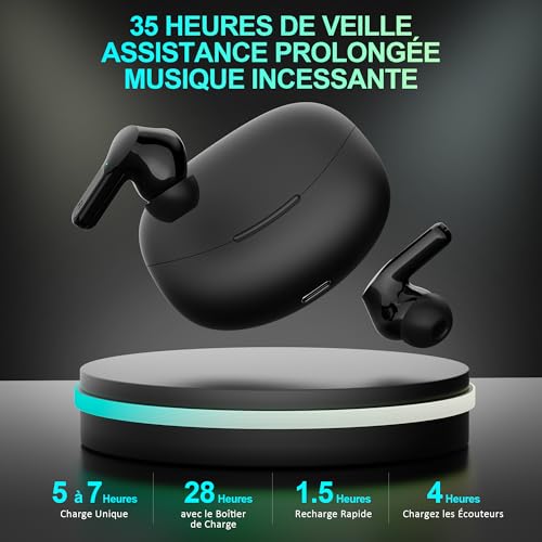 Detalle de Cervanta écouteurs Bluetooth 5.3 sans fil, écran LED, 35 h, USB-C