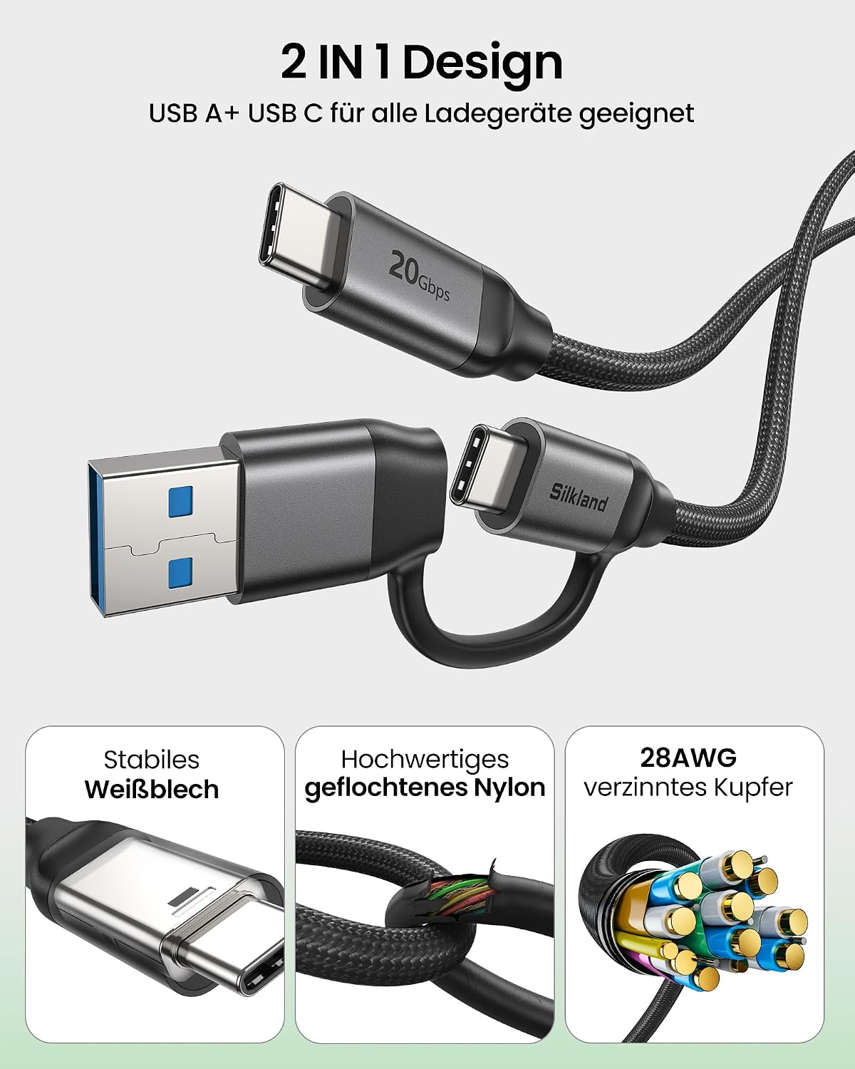 Thumbnail 6 de Silkland USB-C Datenkabel Kurz 30 cm – 2-in-1 USB-C/USB-A Kabel, 20 Gbps, 240 W, DP Alt Mode, 5K/4K@60Hz