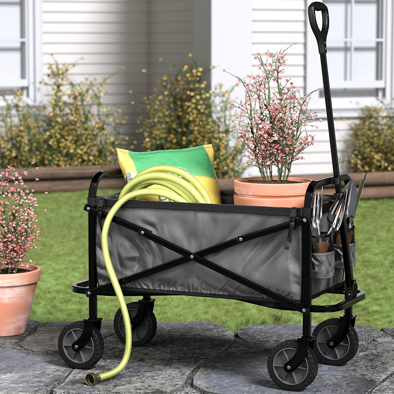 Detalle de Amazon Basics Chariot d’extérieur pliable pour jardinage — 70,1 x 103,89 x 50,8 cm, Gris