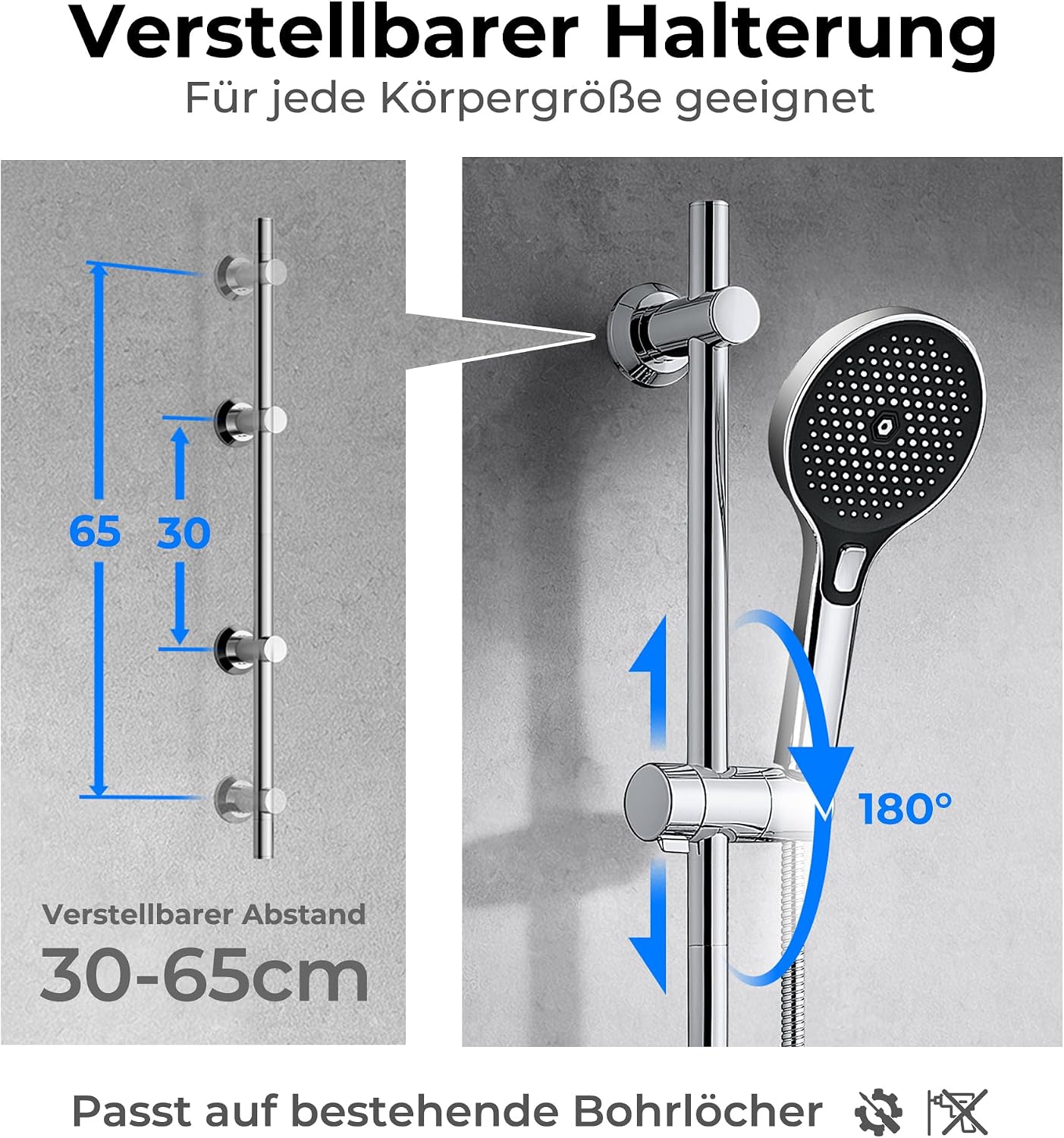 Detalle de JOHO Edelstahl Duschstange 70 cm – Duschset mit XXL-Handbrause, Schlauch & verstellbarem Halter