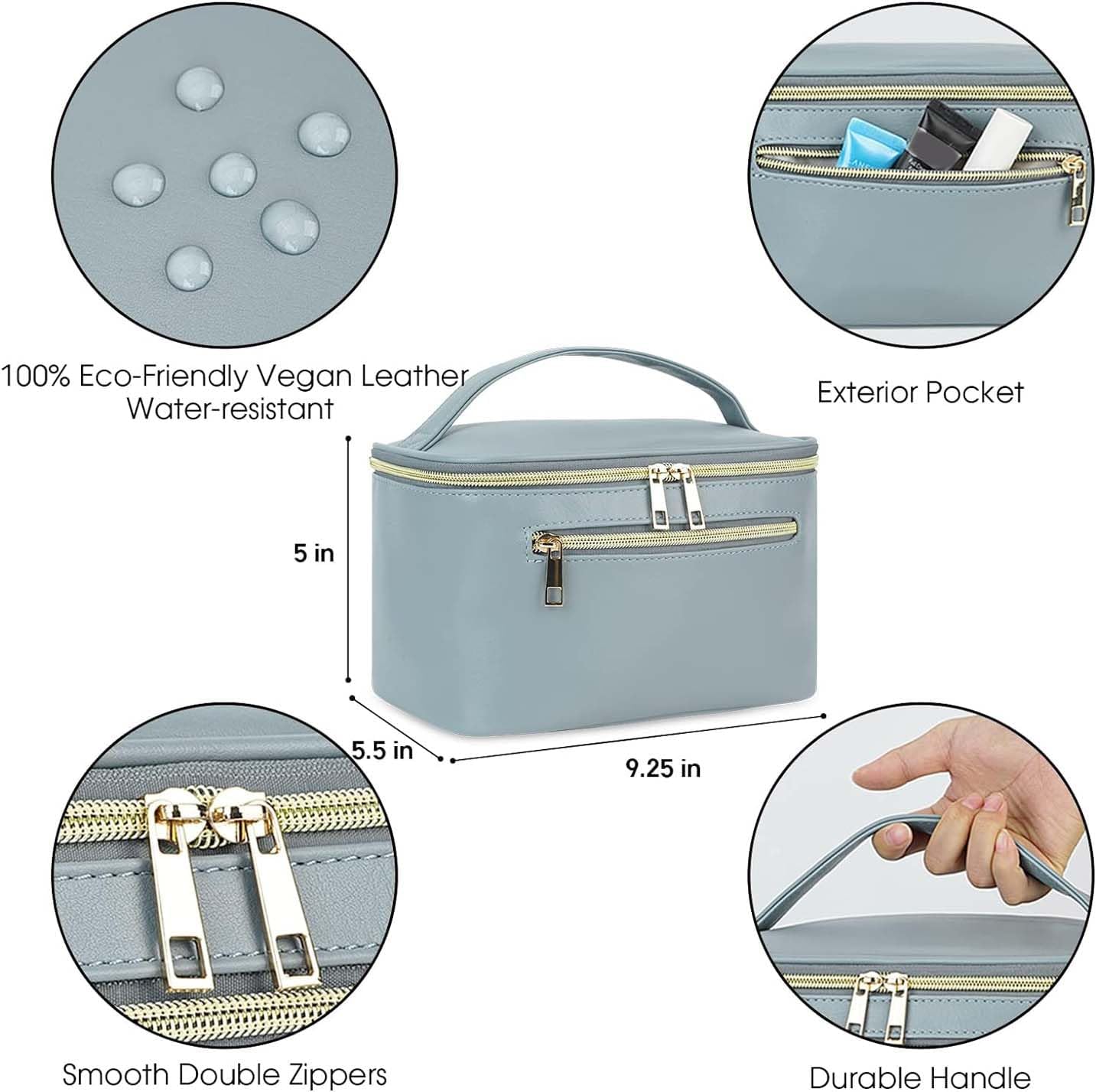 Detalle de Wandering Nature Travel Makeup Bag with Brush Compartment (Greyish Blue) – PU Vegan Leather Case with Handle