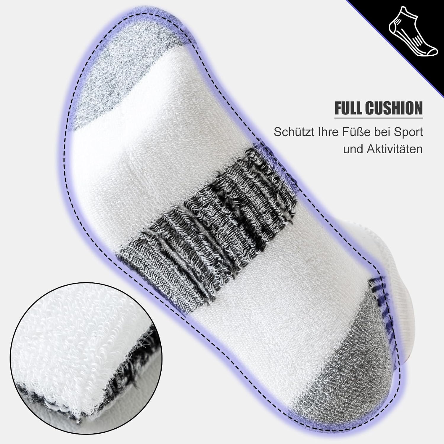 Detalle 2 de Niorasen Sneaker Socken Herren 37-50 – Gepolsterte, atmungsaktive Sportsocken im 6-Paar-Set