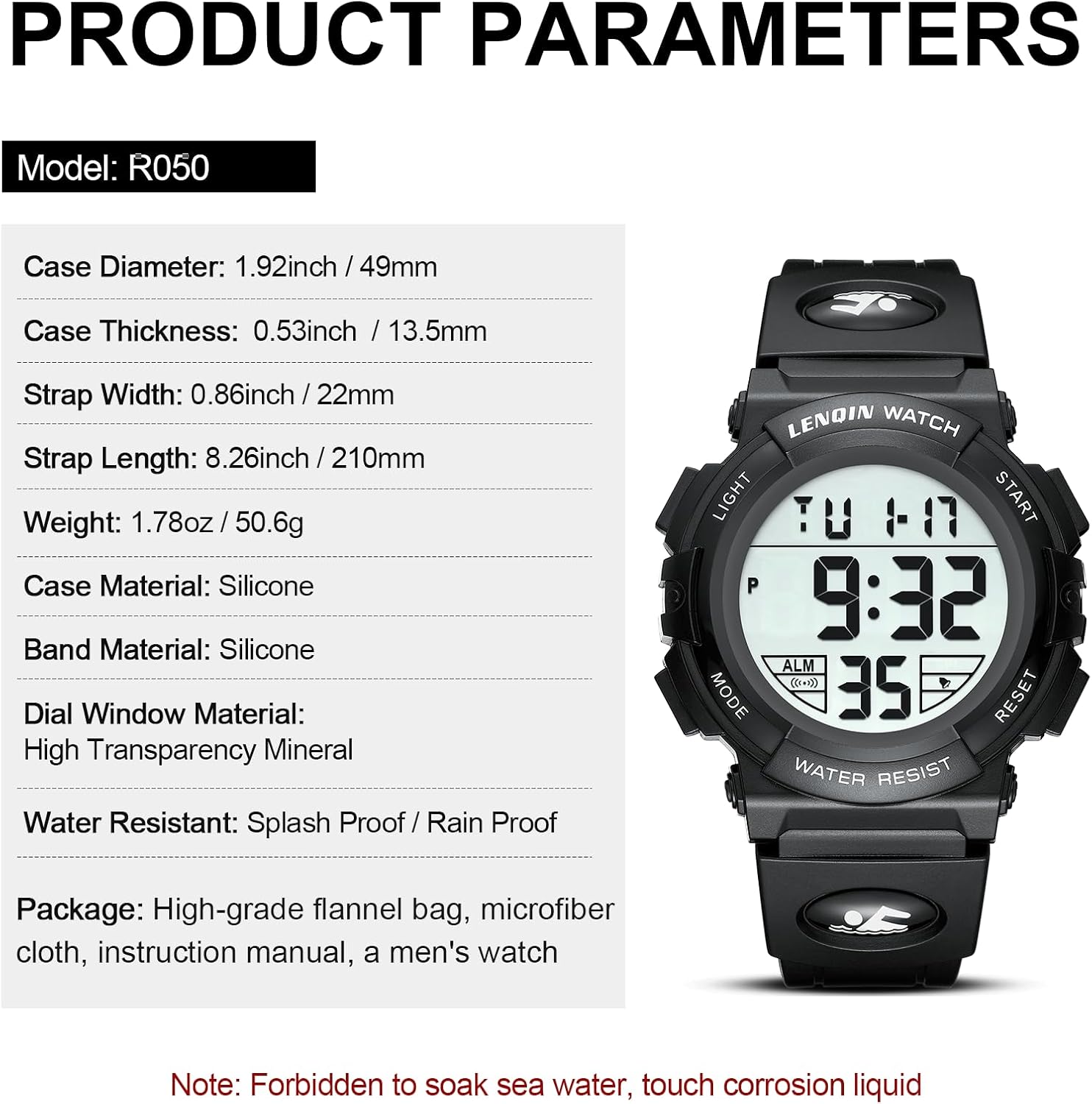 Thumbnail 6 de LN LENQIN Digitaluhr Herren – 49 mm Display, 3ATM, Stoppuhr, Kalender, Silikonband