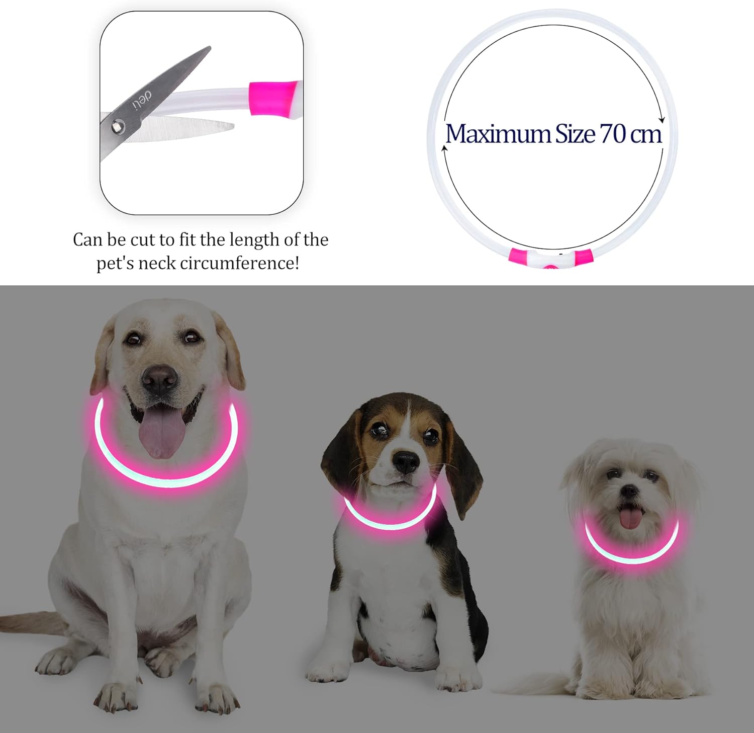 Detalle de Coolzon Collare Luminoso per Cani USB Ricaricabile – LED Regolabile, Impermeabile, 3 Modalità di Luce (Taglie Piccola/Media/Grande) – Rosa