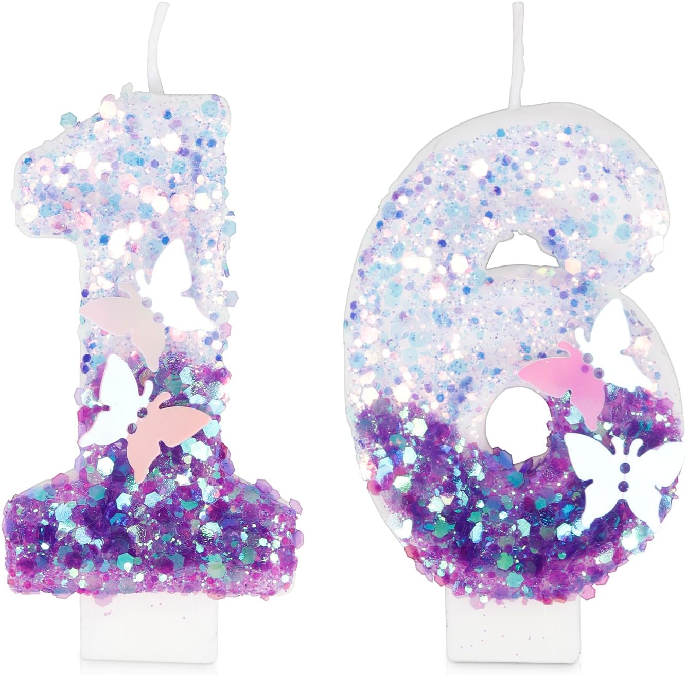 Thumbnail 5 de Yiran Geburtstagskerzen „Zahlen 21“ mit Schmetterling & blaue Pailletten – personalisierte Kuchendeko