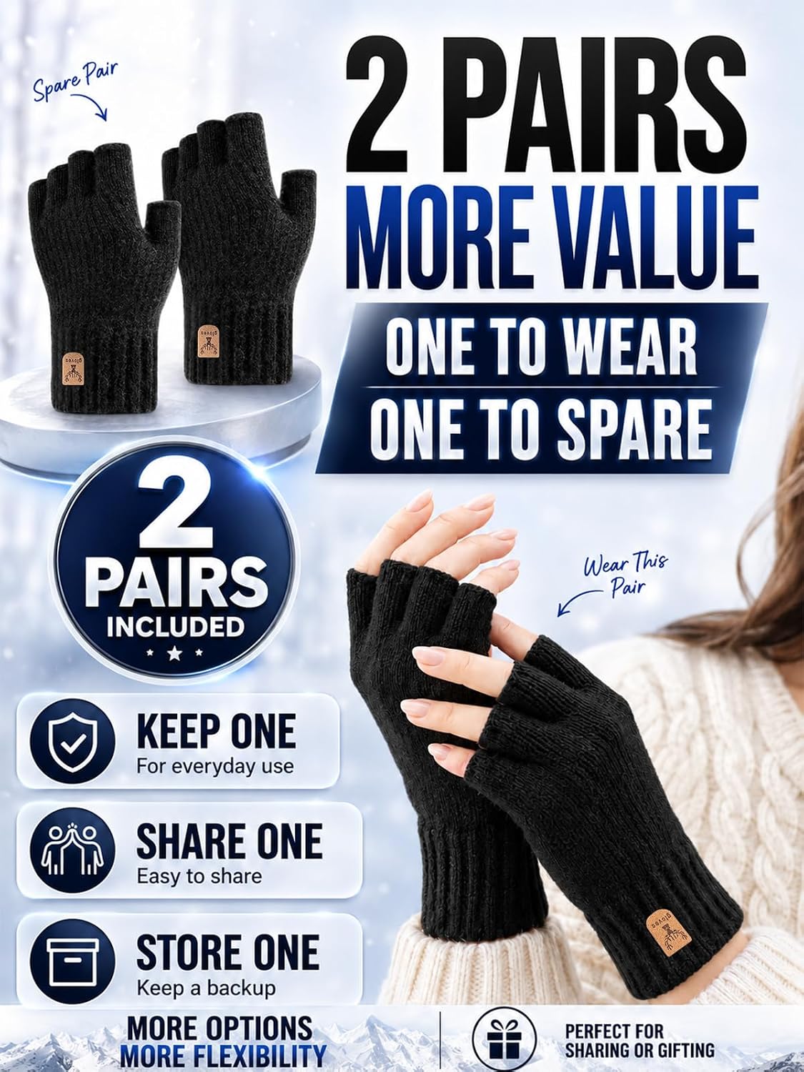 Detalle 1 de JUNRUI Fingerless Winter Gloves, 2-Pair Black Knit Set with Fleece Lining
