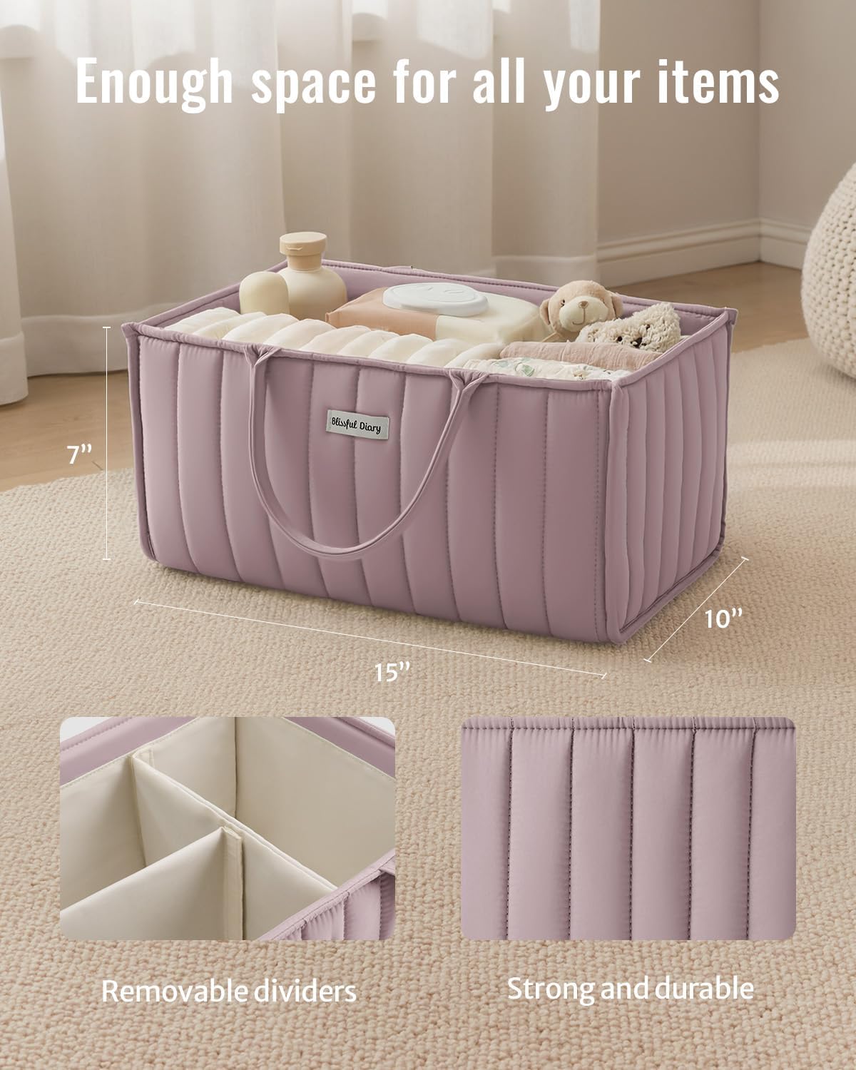 Detalle de Blissful Diary Baby Diaper Caddy, Mauve Pink with Removable Dividers