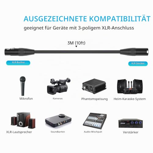 Detalle 2 de Yinker XLR Kabel 3 m – 2er-Pack, Male zu Female – 3-polig, hochwertiges Mikrofonkabel